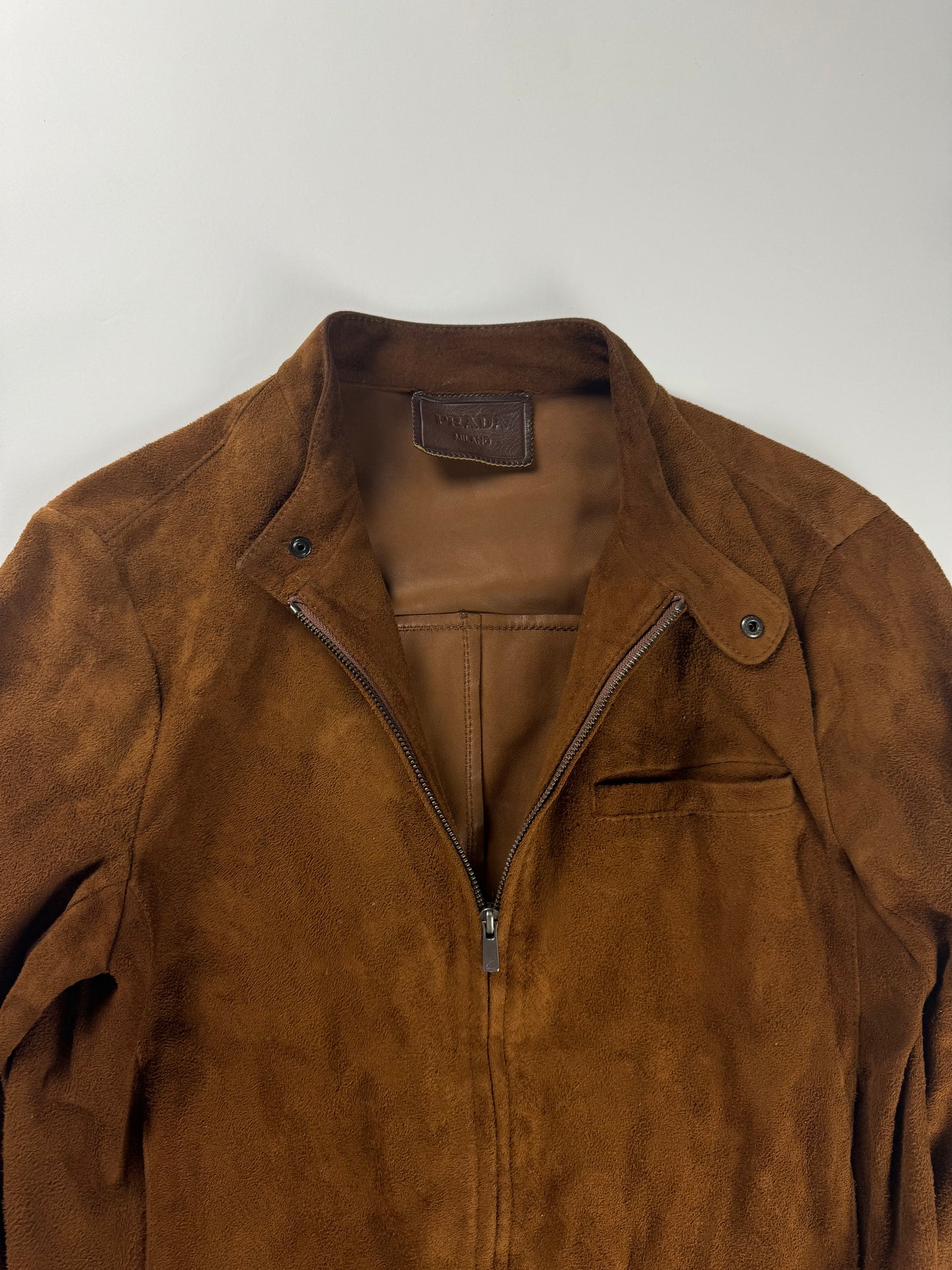 Prada Sample Havana Brushed Suede Canvas Leather Moto Jacket FW 2013 - M