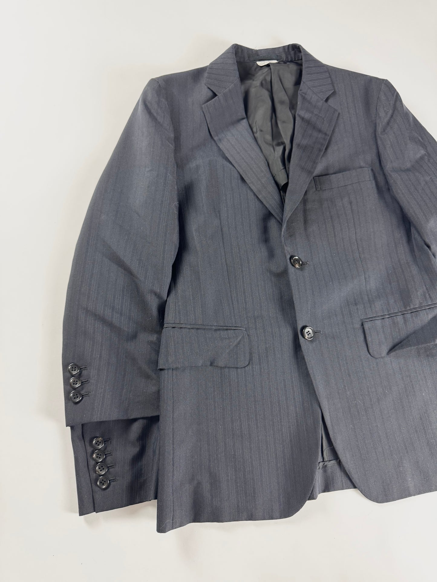 Comme des Garçons Homme Plus Dark Grey Pinstripe Peak Lapel Extended Double Button Cuff Wool Blazer Jacket FW 2019 - S