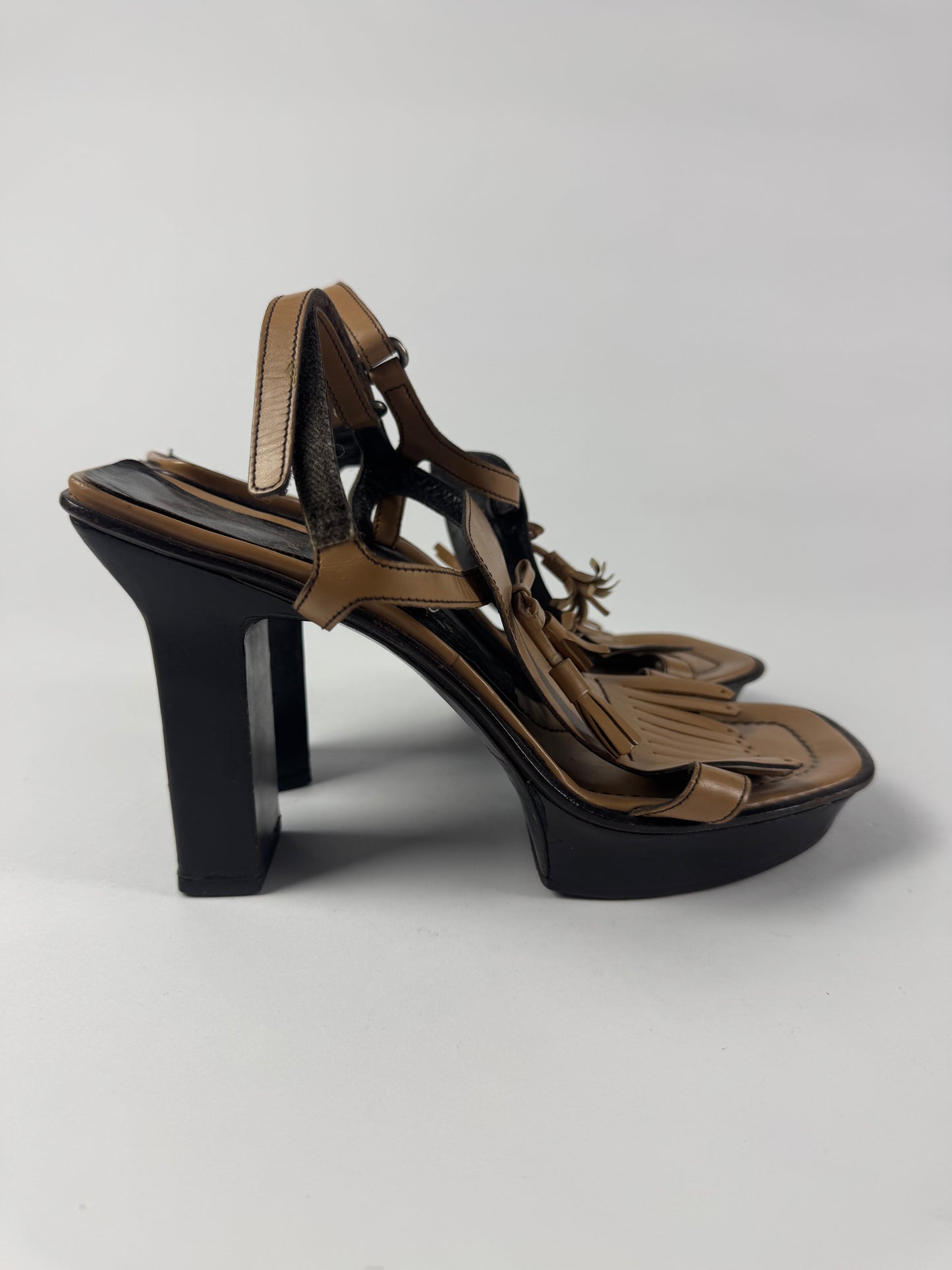Prada Brown Fringe Leather Platform Ankle Strap Heels SS 1999 - 40 IT/40,5 EU
