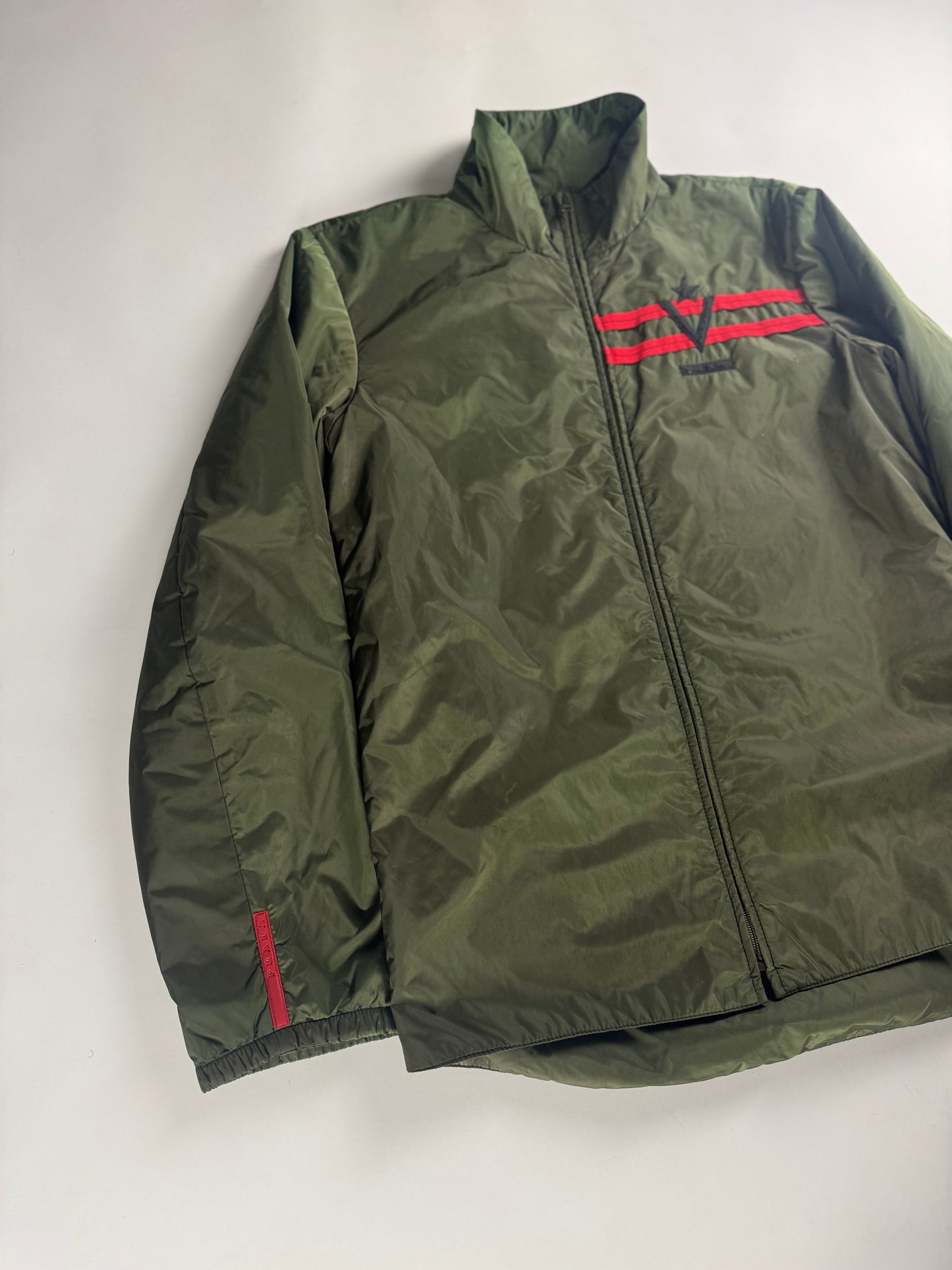 Prada Linea Rossa Side Red Striped Olive Green Nylon Jacket 2000s - M