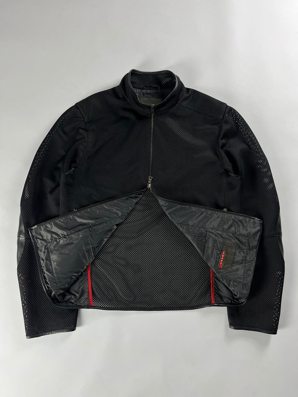 Prada Mesh Leather Patch Elbows Moto Jacket SS 2000 - L