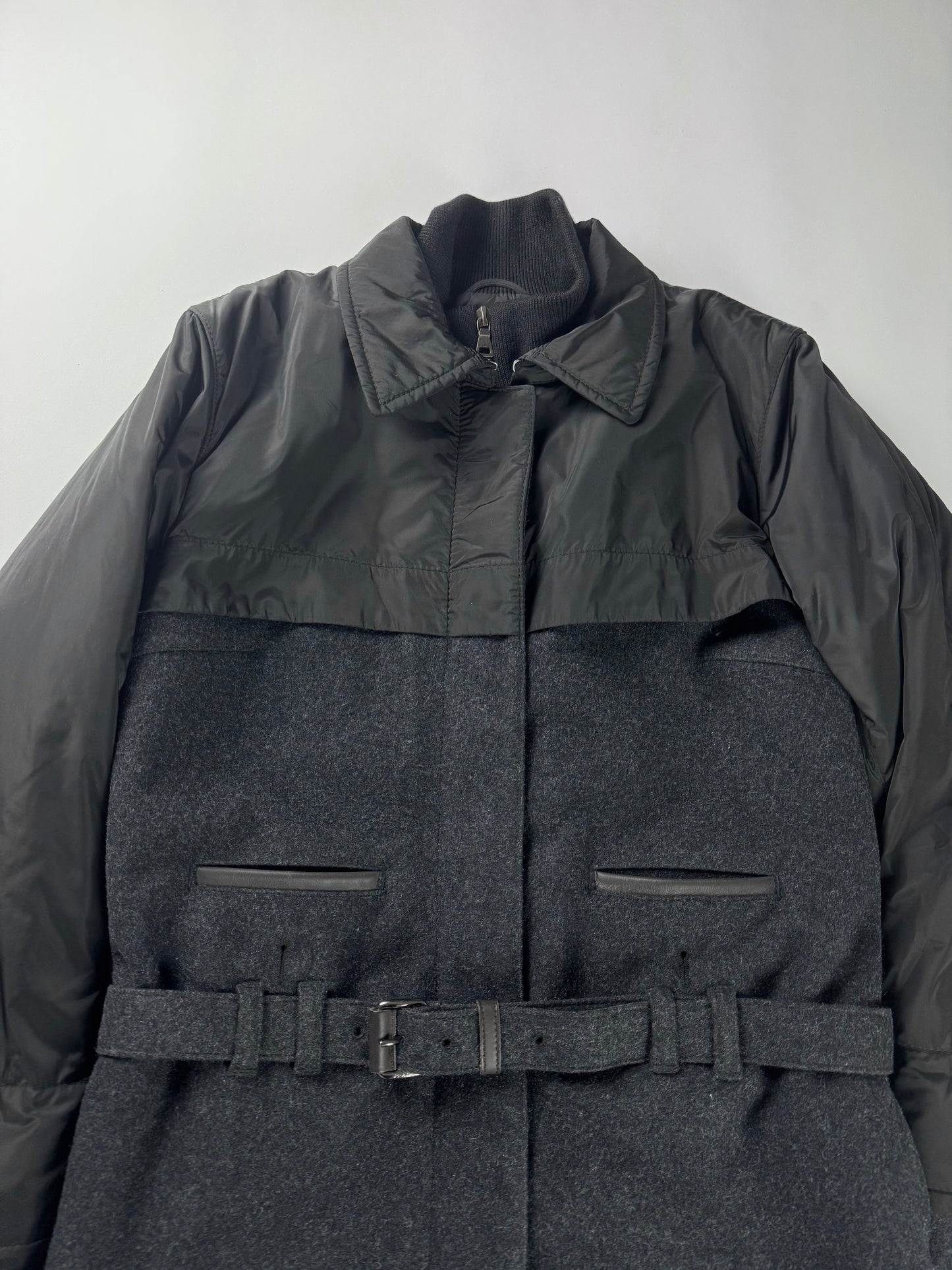 Prada Two Tones Hybrid 2 in 1 Belted Premium Brushed Wool Overcoat 2000s - S