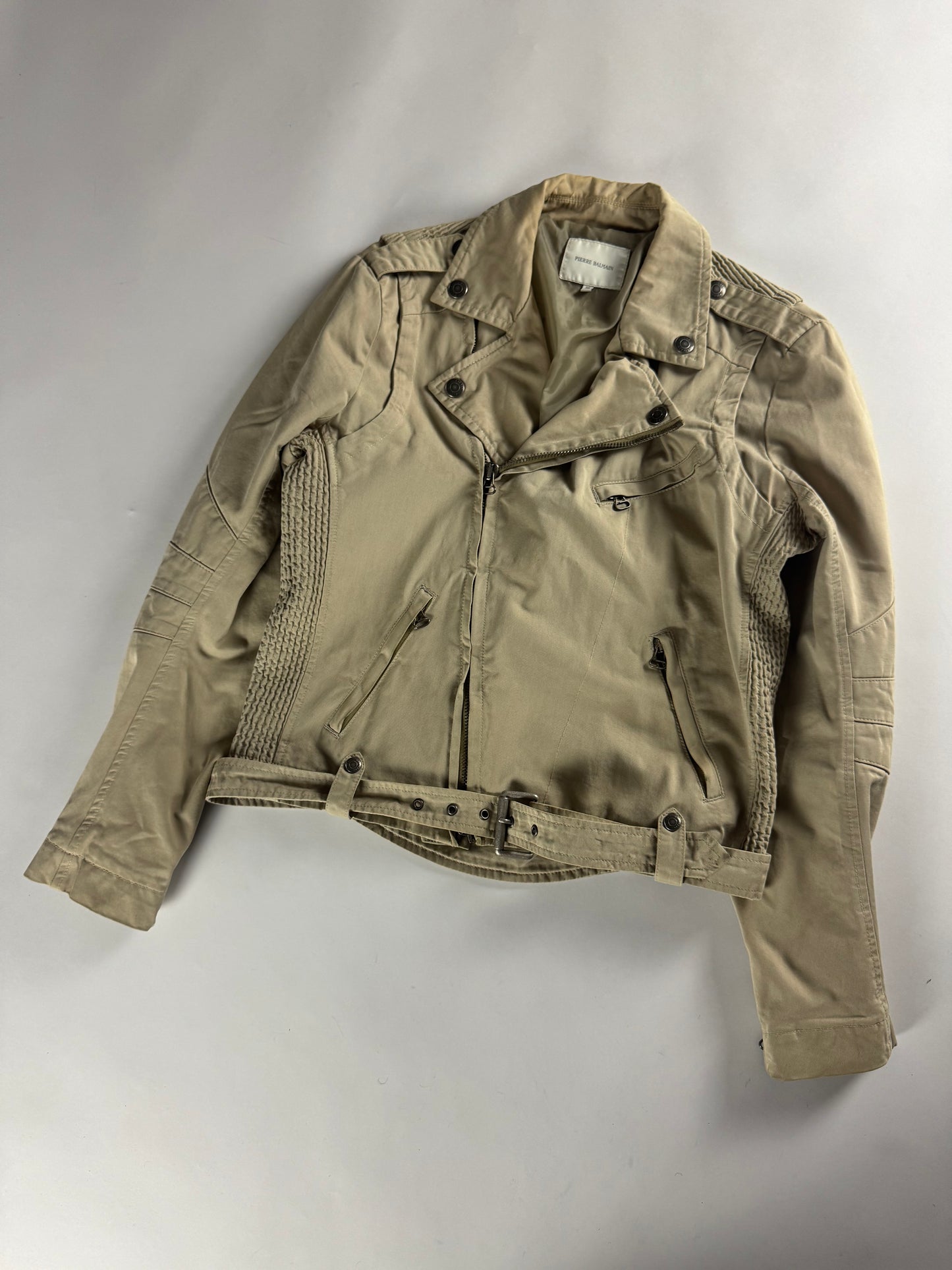 Balmain Tan Beige Belted Waist Biker Jacket 2010s - M