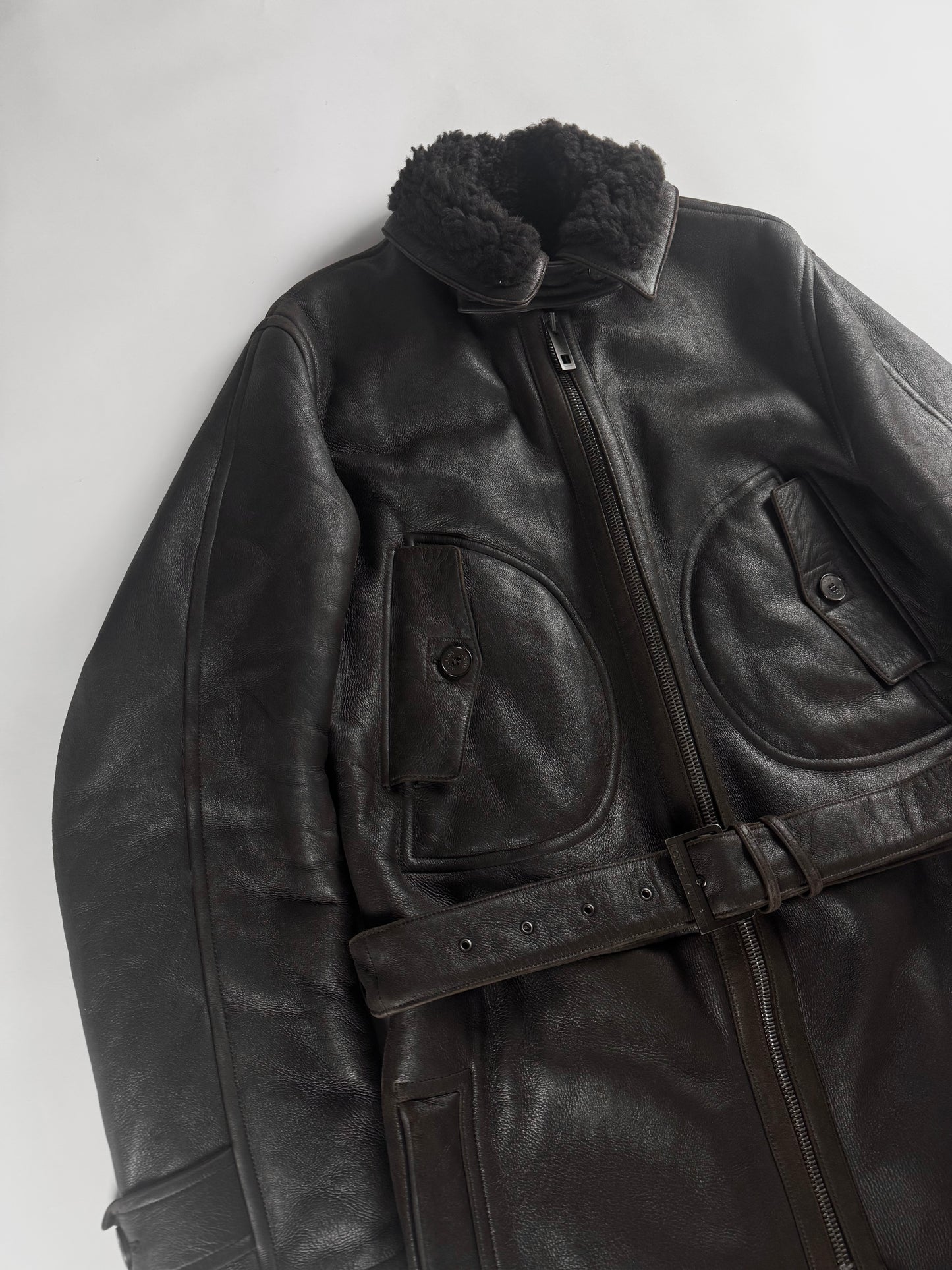 Louis Vuitton Dark Brown Fur Lining Heavy Sheepskin Leather Belted Coat 2000s - M