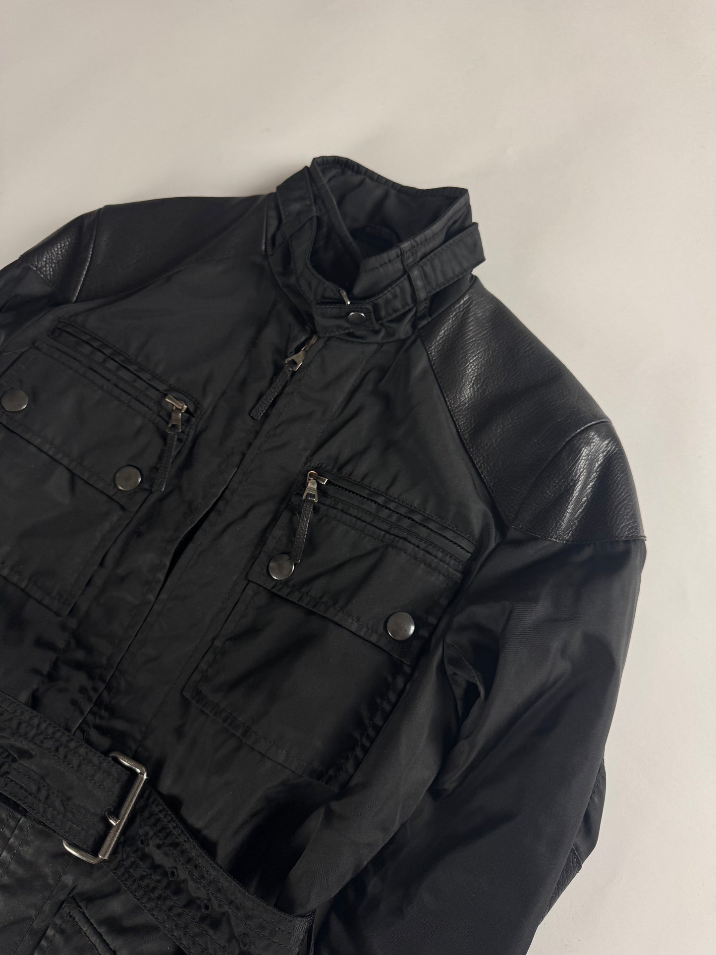 Prada Leather Shoulder Patched Nylon Belt Jacket 2000s - S