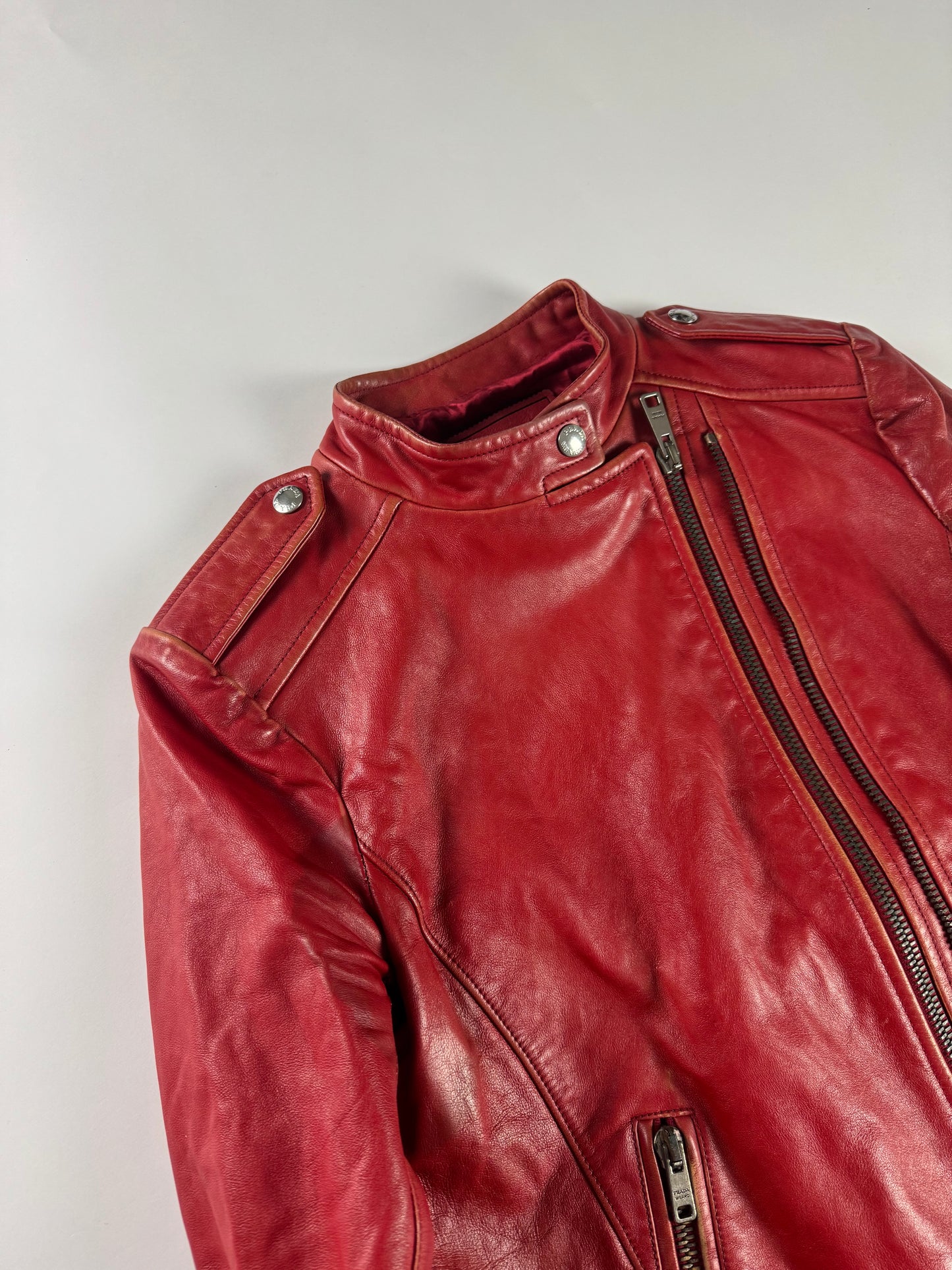 Prada Red Leather Perfecto Asymmetrical Moto Jacket - XS