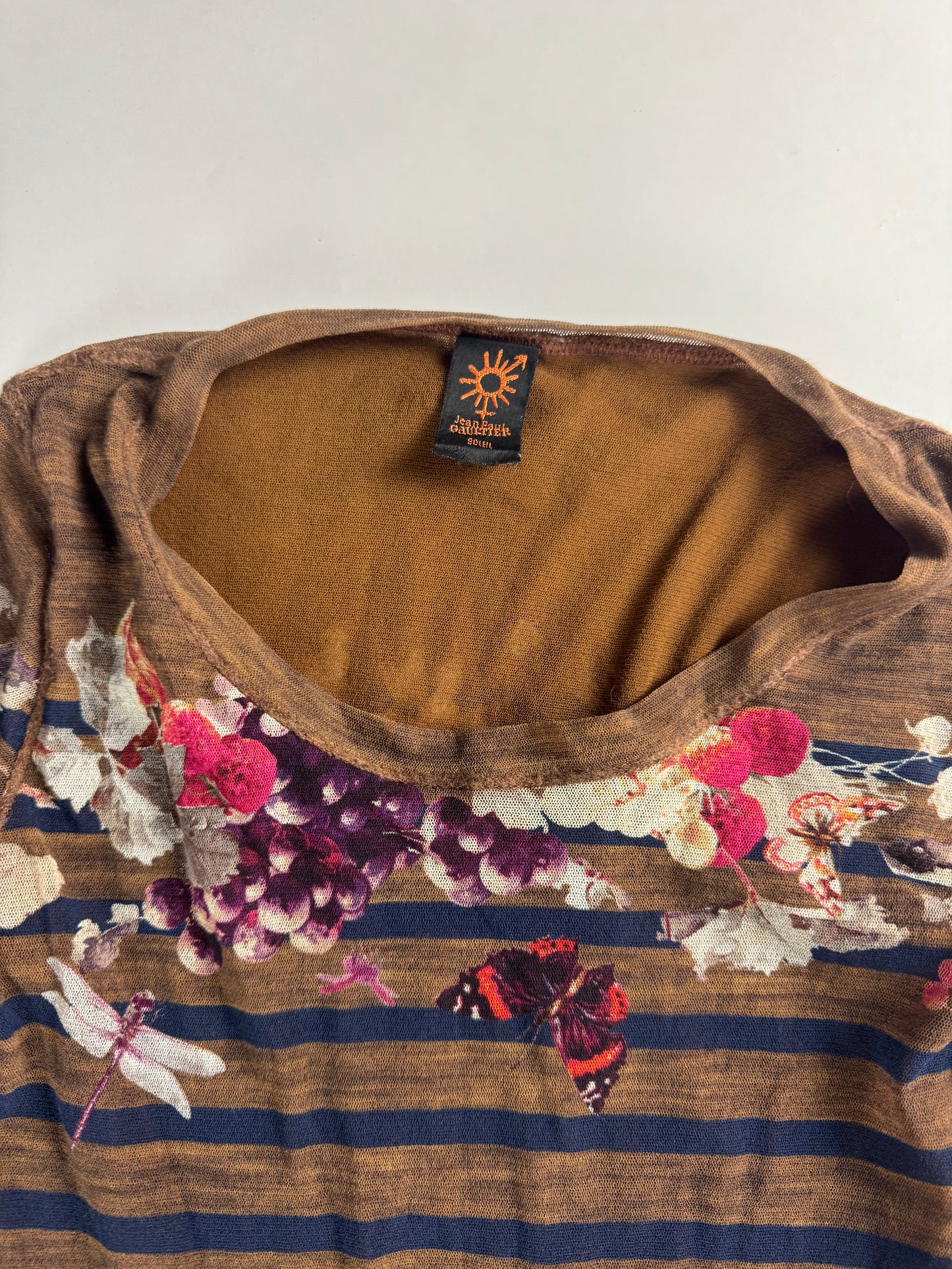 Jean Paul Gaultier Brown Mesh Floral Graphic Striped Mini Dress 1990s - S