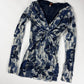 Jean Paul Gaultier Navy Rose Print Twist Knot Front Plunging Neckline Blue Mesh Top 2000s - S