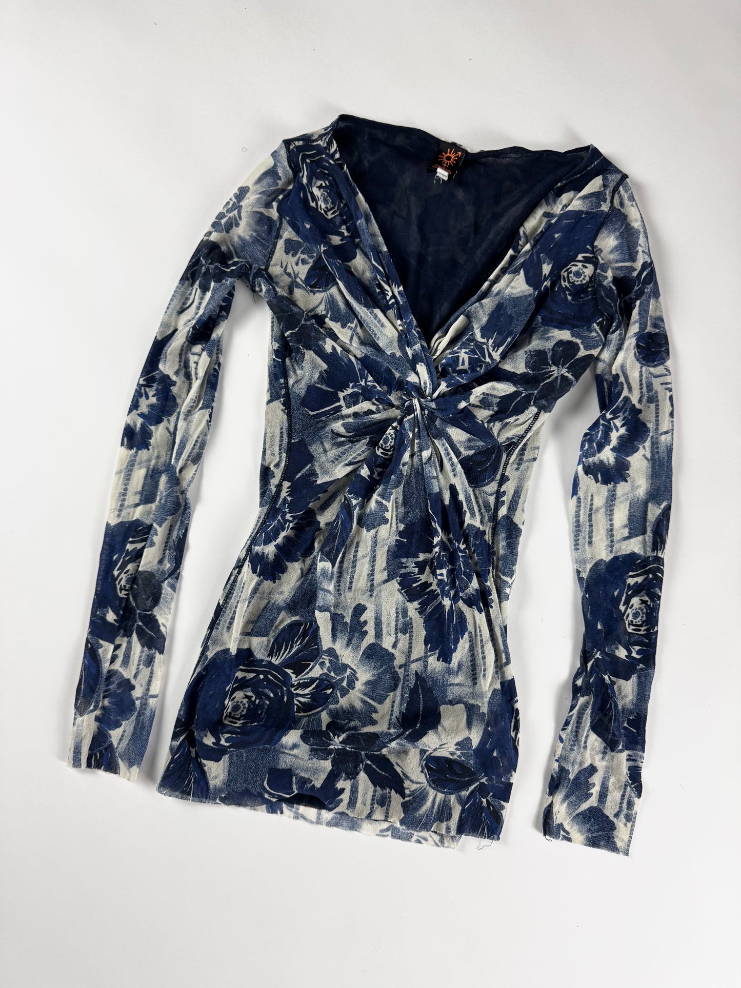 Jean Paul Gaultier Navy Rose Print Twist Knot Front Plunging Neckline Blue Mesh Top 2000s - S
