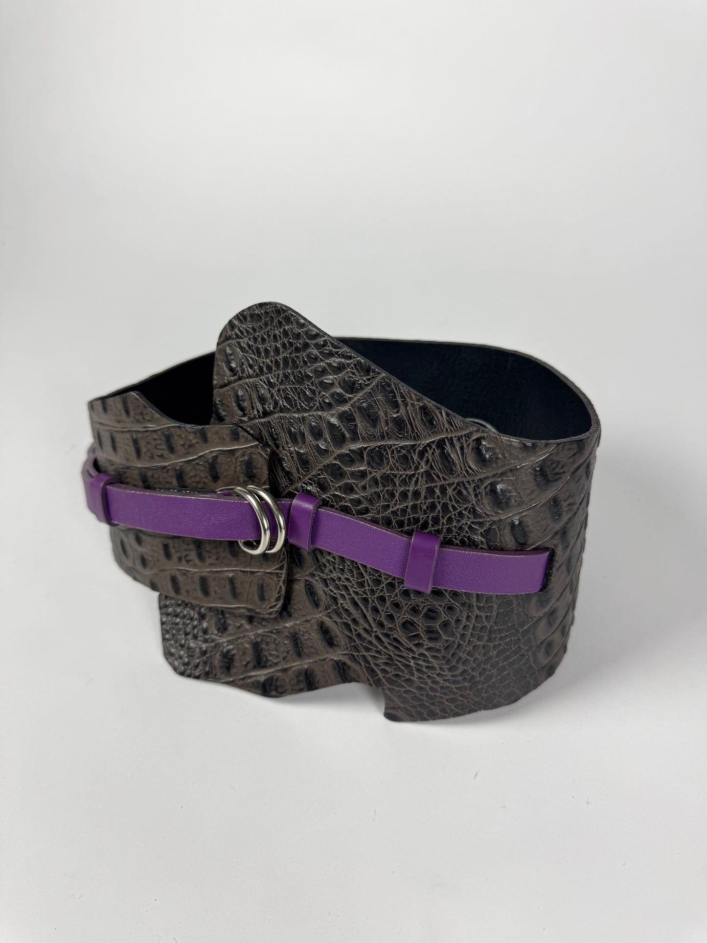 Just Cavalli Dark Brown Crocodile Embossed Purple Strap Leather Corset Belt 2000s - OS
