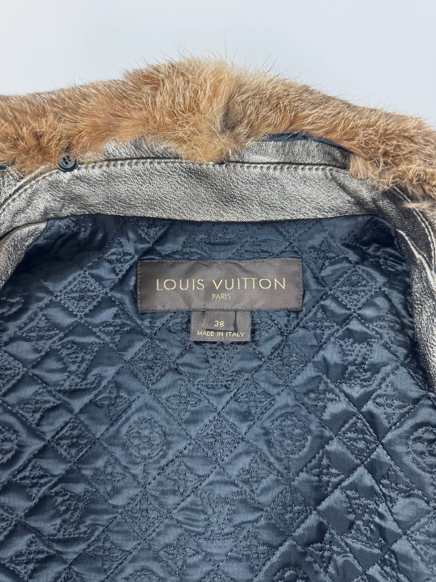 Louis Vuitton Metallic Bronze Leather Fur Collar Gold Hardware Ribbed Trim Bomber Jacket FW 2008 - S