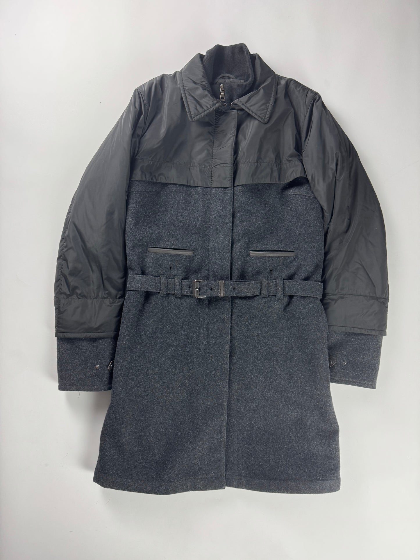Prada Two Tones Hybrid 2 in 1 Belted Premium Brushed Wool Overcoat 2000s - S