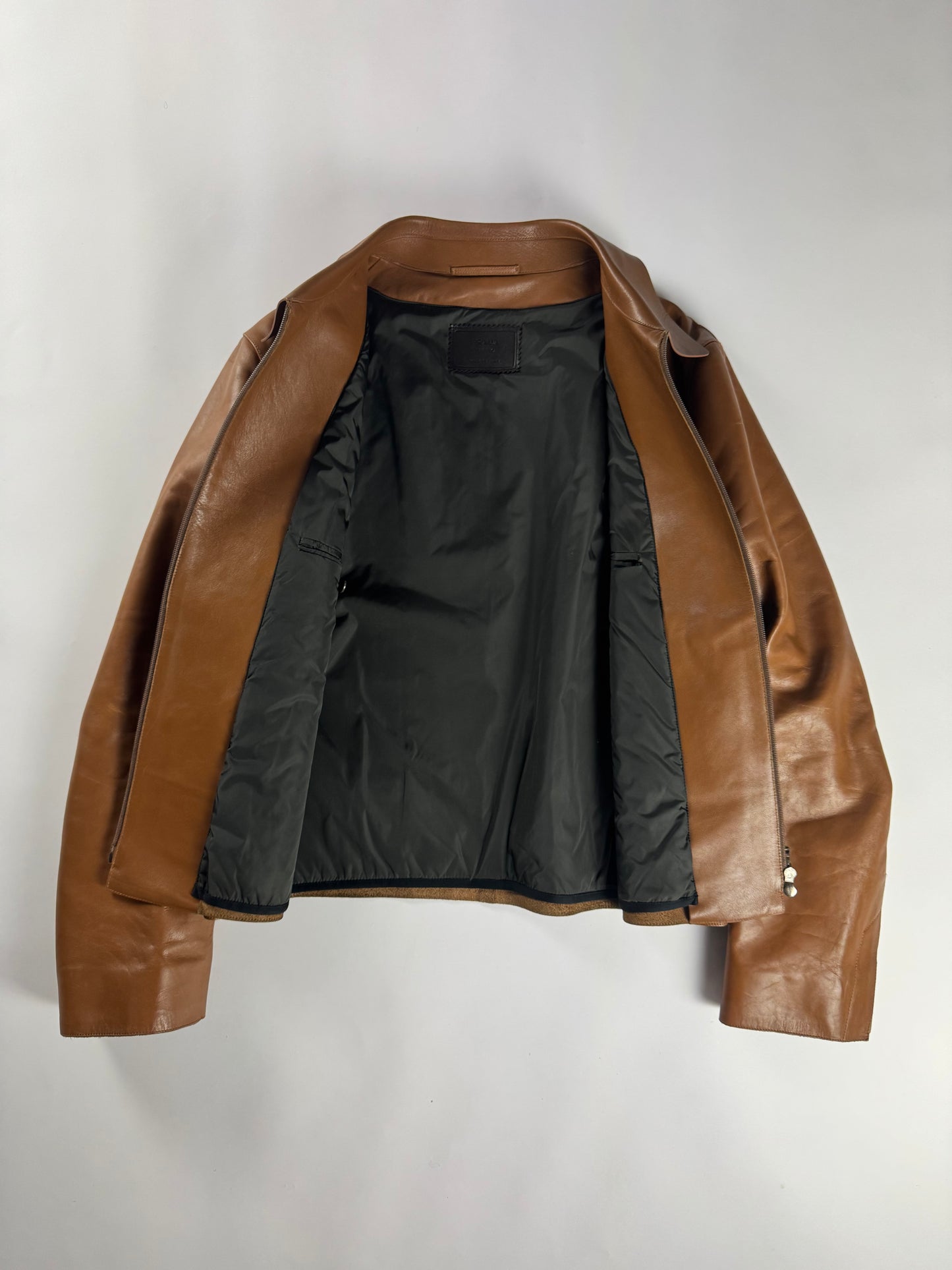 Prada Cognac Premium Leather Double Zipper Padded Layer Minimalist Jacket FW 2000 - L