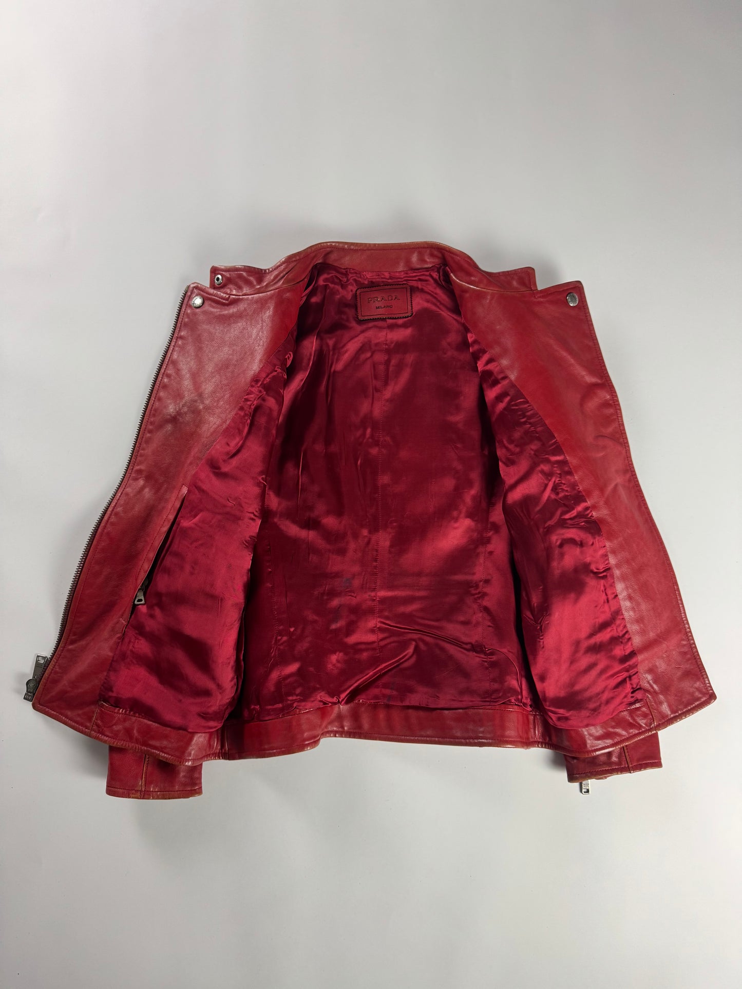 Prada Red Leather Perfecto Asymmetrical Moto Jacket - XS