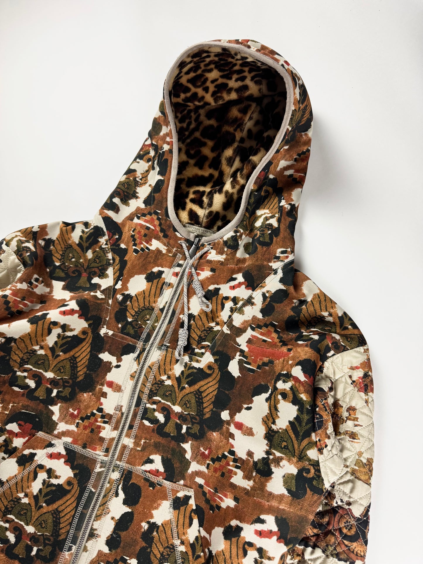 Bottega Veneta Baroque Tapestry Print Leopard Lined Hood Quilted Sleeves Zip Hoodie SS 2016 - S