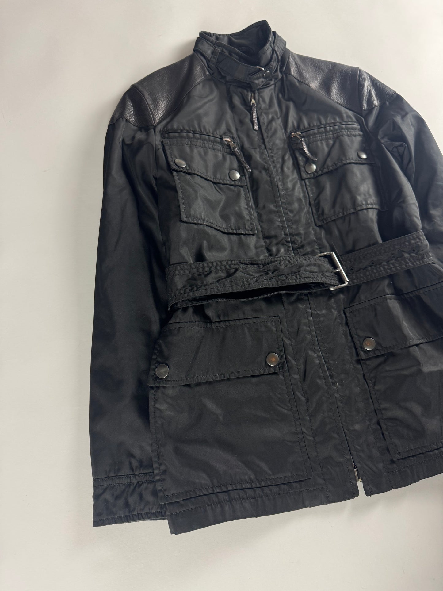 Prada Leather Shoulder Patched Nylon Belt Jacket 2000s - S