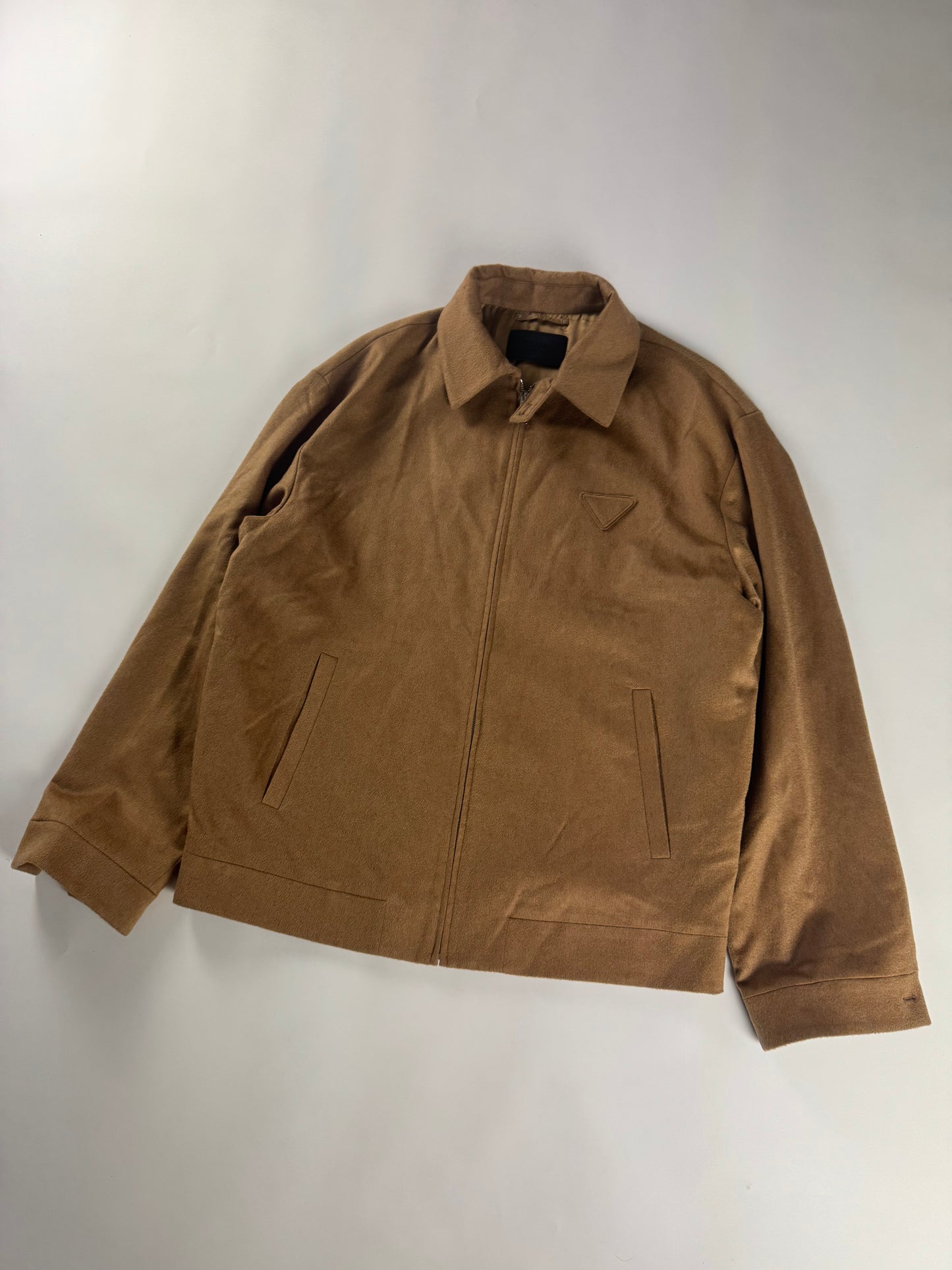 Prada Brown Camel Hair Triangle Logo Classic Jacket FW 2023 - L