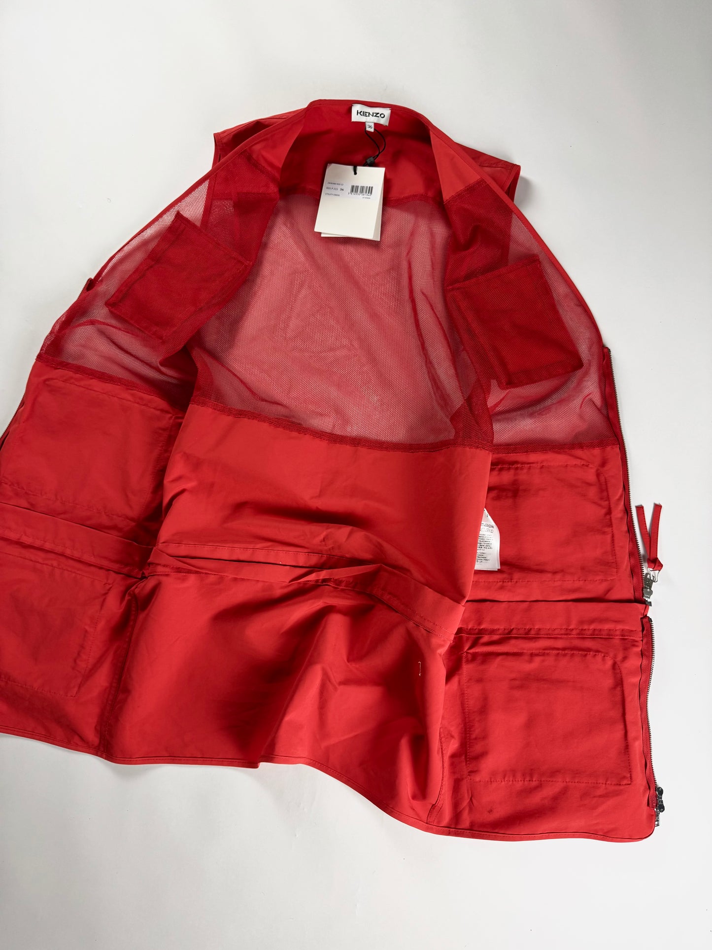 Kenzo Red Cotton Multi Pocket Utility Cargo Mesh Panel Zip Front Dress - S