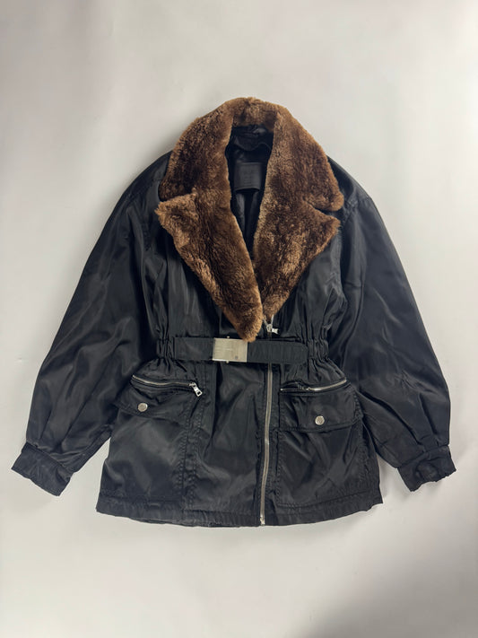 Prada Double Breasted Fur Collar Drawstring Waist Belted Jacket FW 1994 - M