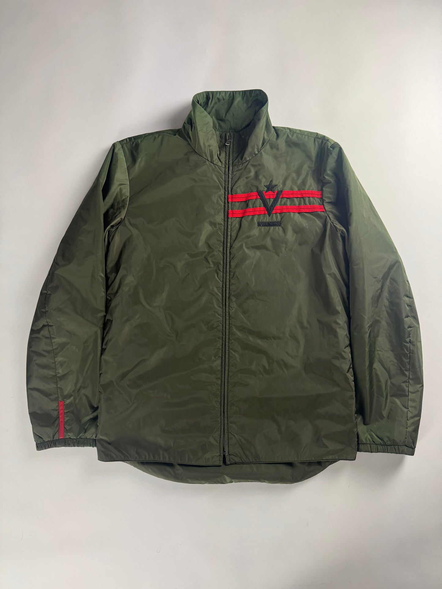Prada Linea Rossa Side Red Striped Olive Green Nylon Jacket 2000s - M