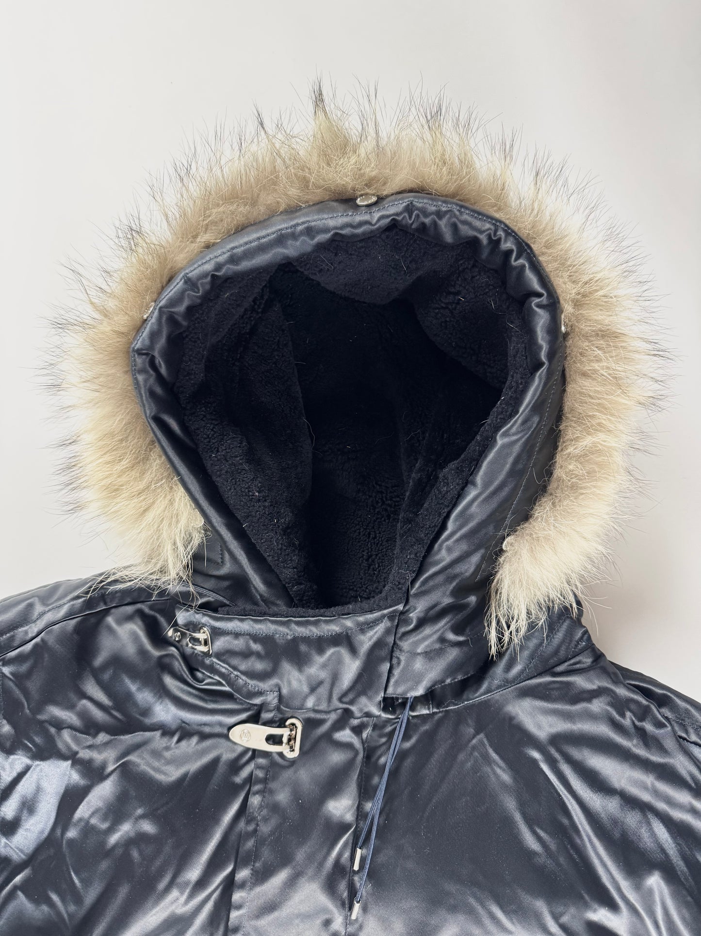 Louis Vuitton Dark Blue Goose Down Belted Parka Fur Hood Coat FW 2012 - XL