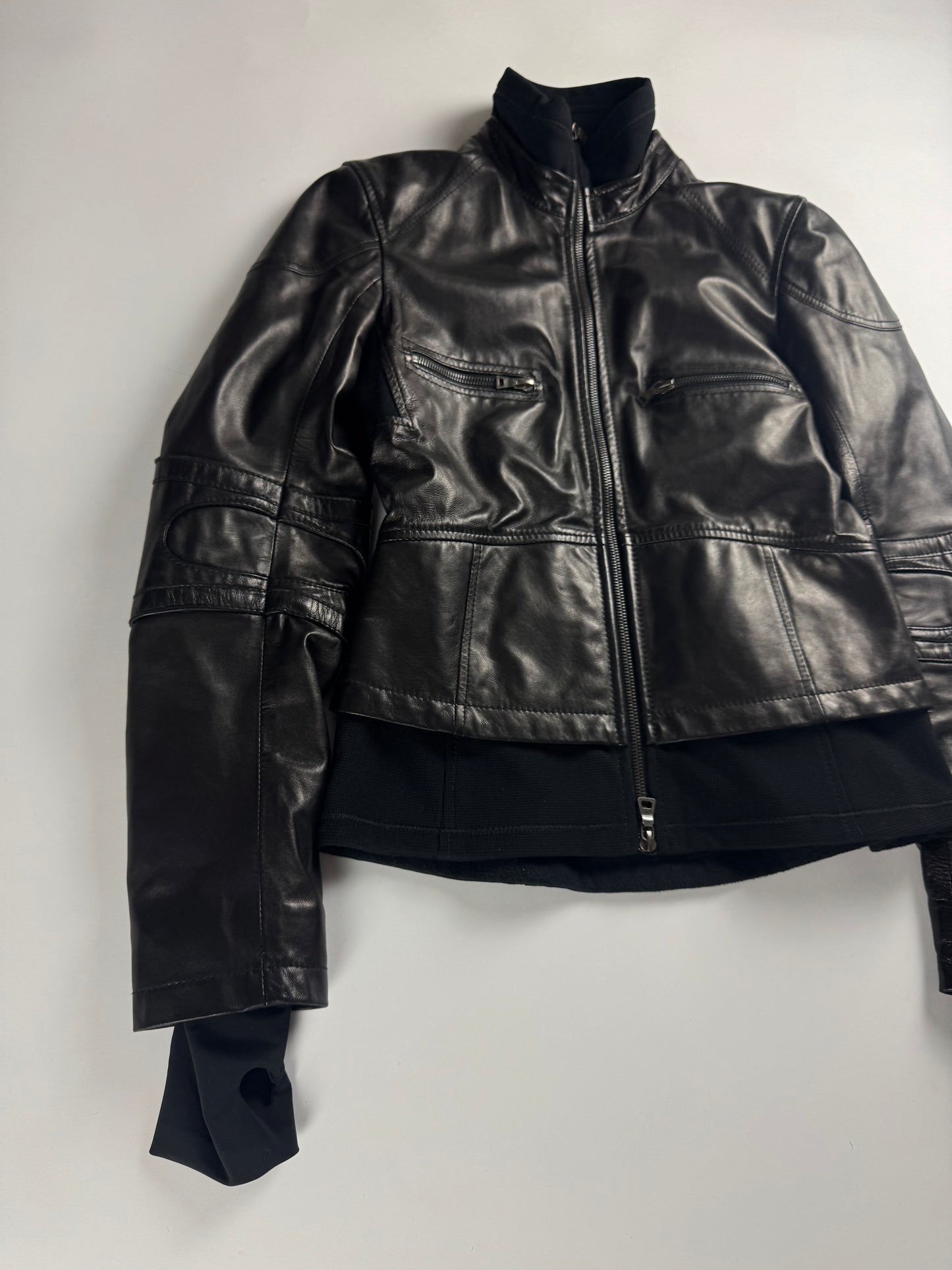 Prada Cuffed Arm Black Leather Moto Jacket SS 2000 - XS