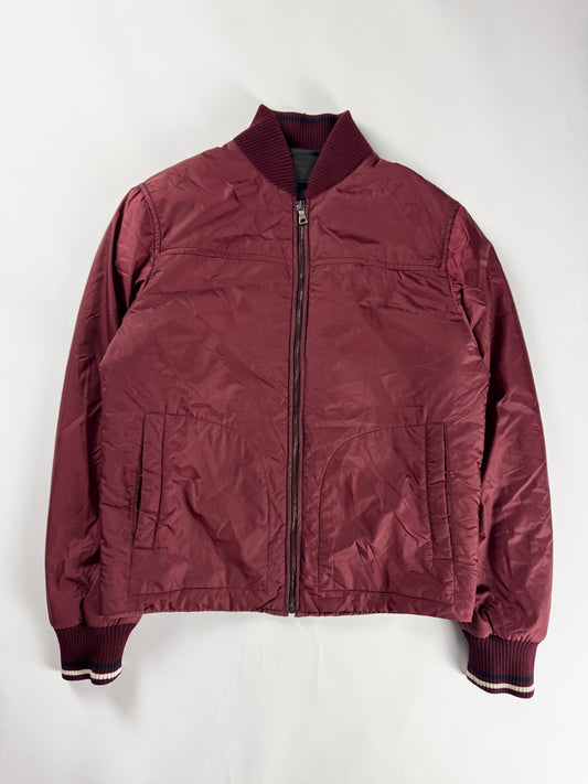 Prada Burgundy Nylon Striped Knit Cuffs Zip Front Bomber Jacket 2010s - M