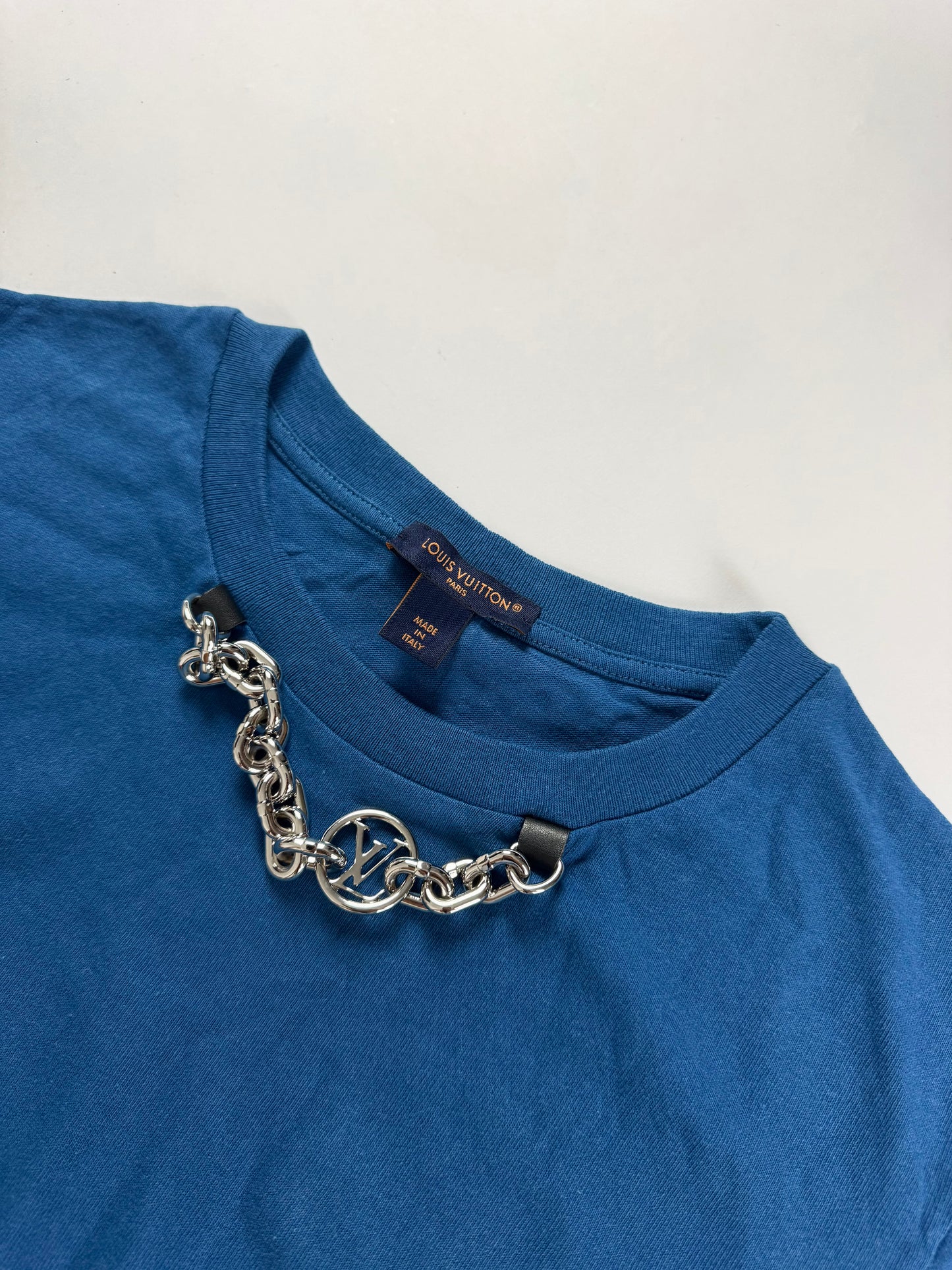 Louis Vuitton Sample Royal Blue Cotton Attached Silver Chain Neckline Detail Tee Shirt 2010s - M