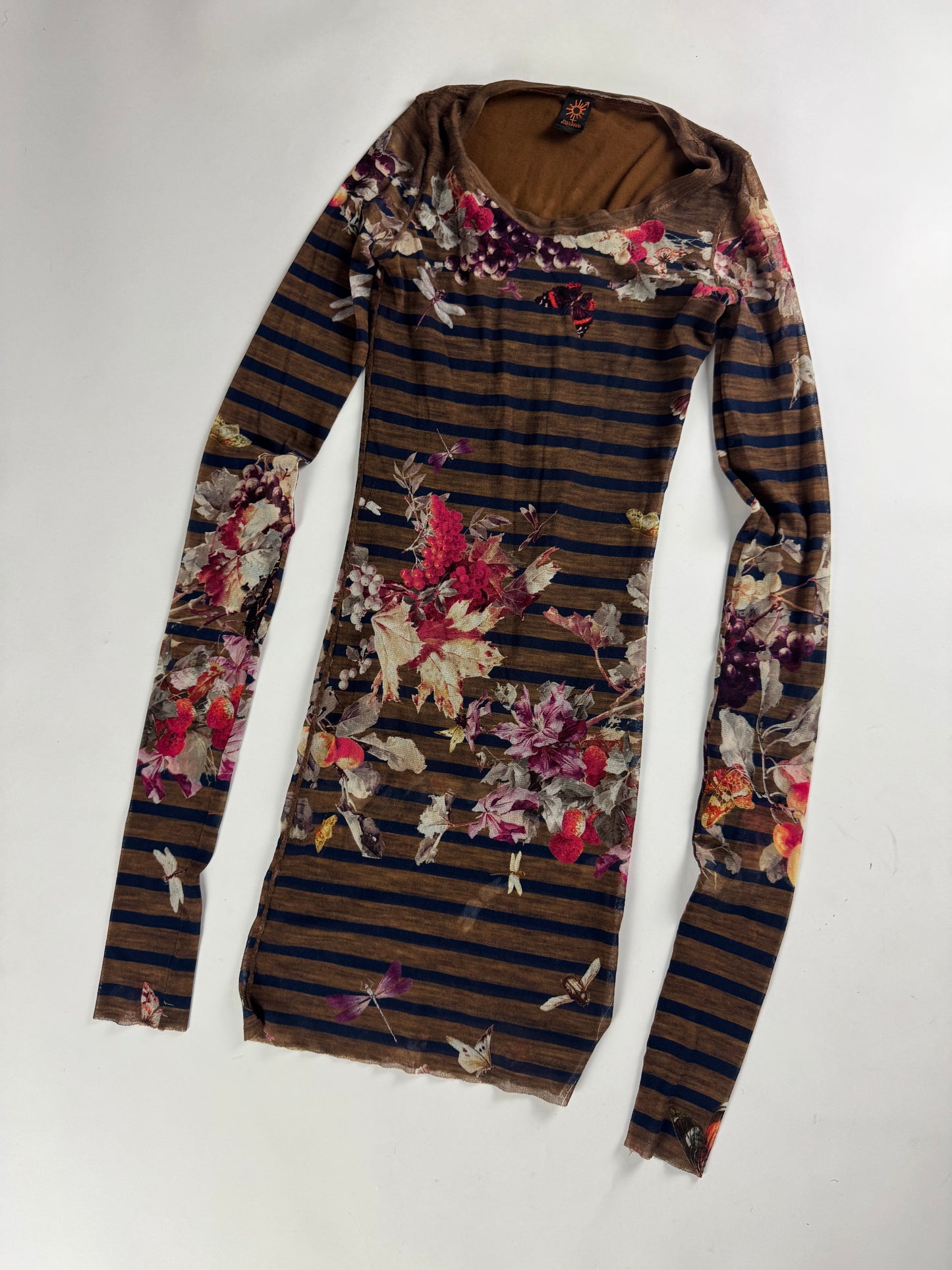 Jean Paul Gaultier Brown Mesh Floral Graphic Striped Mini Dress 1990s - S