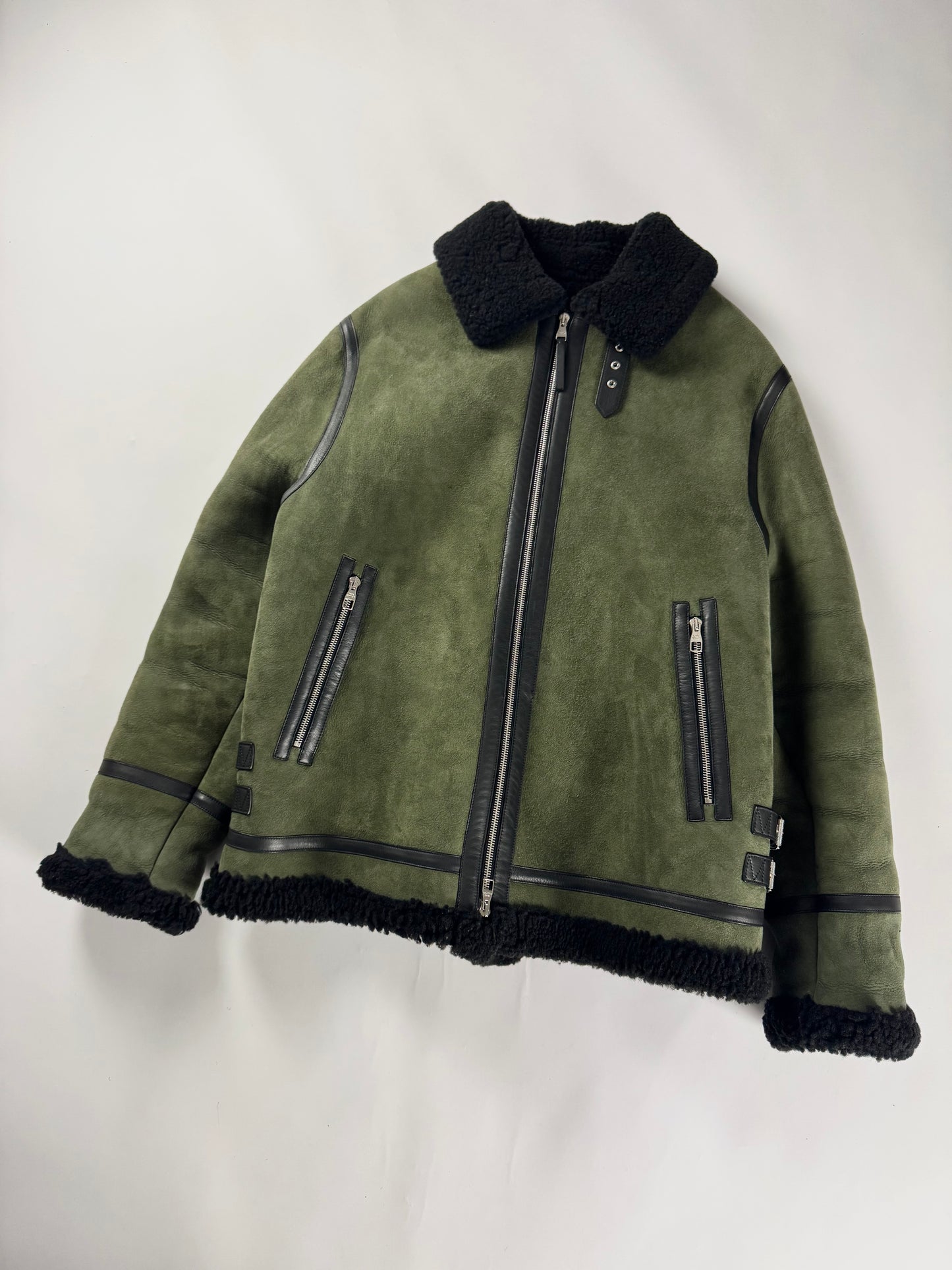 Louis Vuitton Sample Military Olive Shearling Leather Trimmed Bomber Jacket FW 2018 - M