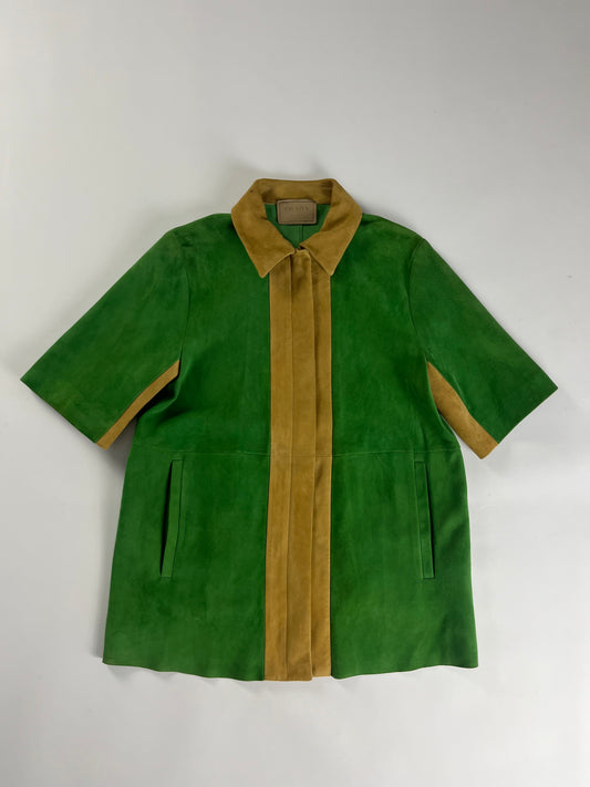 Prada Two Tones Suede Leather Short Sleeve Bowling Shirt Jacket SS 2013 - M