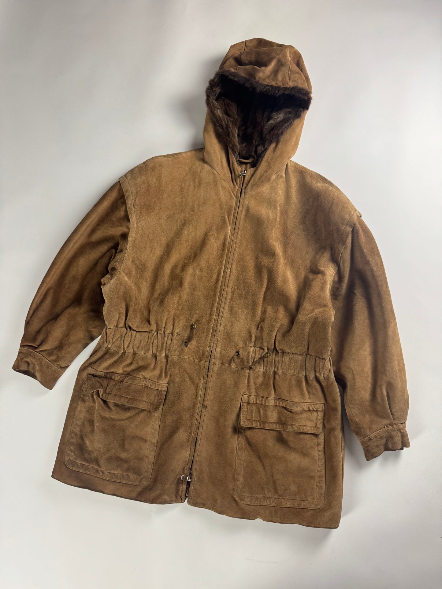 Prada Brown Suede Drawstring Waist Fur Trimmed Parka Jacket FW 1989 - M
