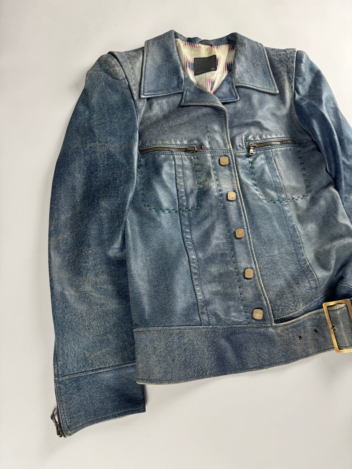 Fendi Blue Leather Belted Jacket 1990s - S