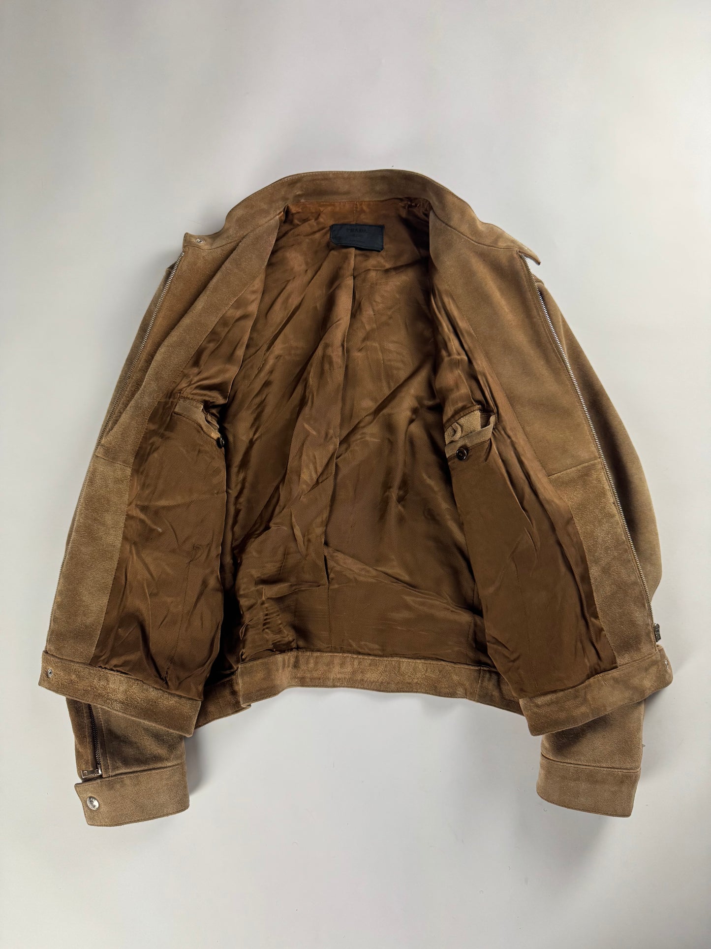 Prada Sample Tan Brown Suede Leather Zipper Moto Jacket FW 1996 - M