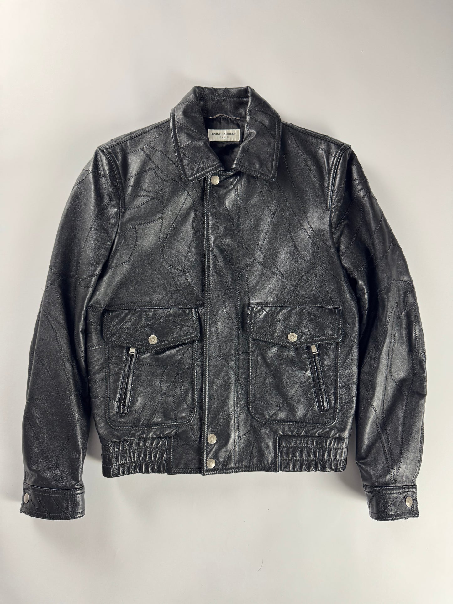 Saint Laurent Sample Leather Paneled Zigzag Stitching Bomber Jacket Pre Fall 2018 - S