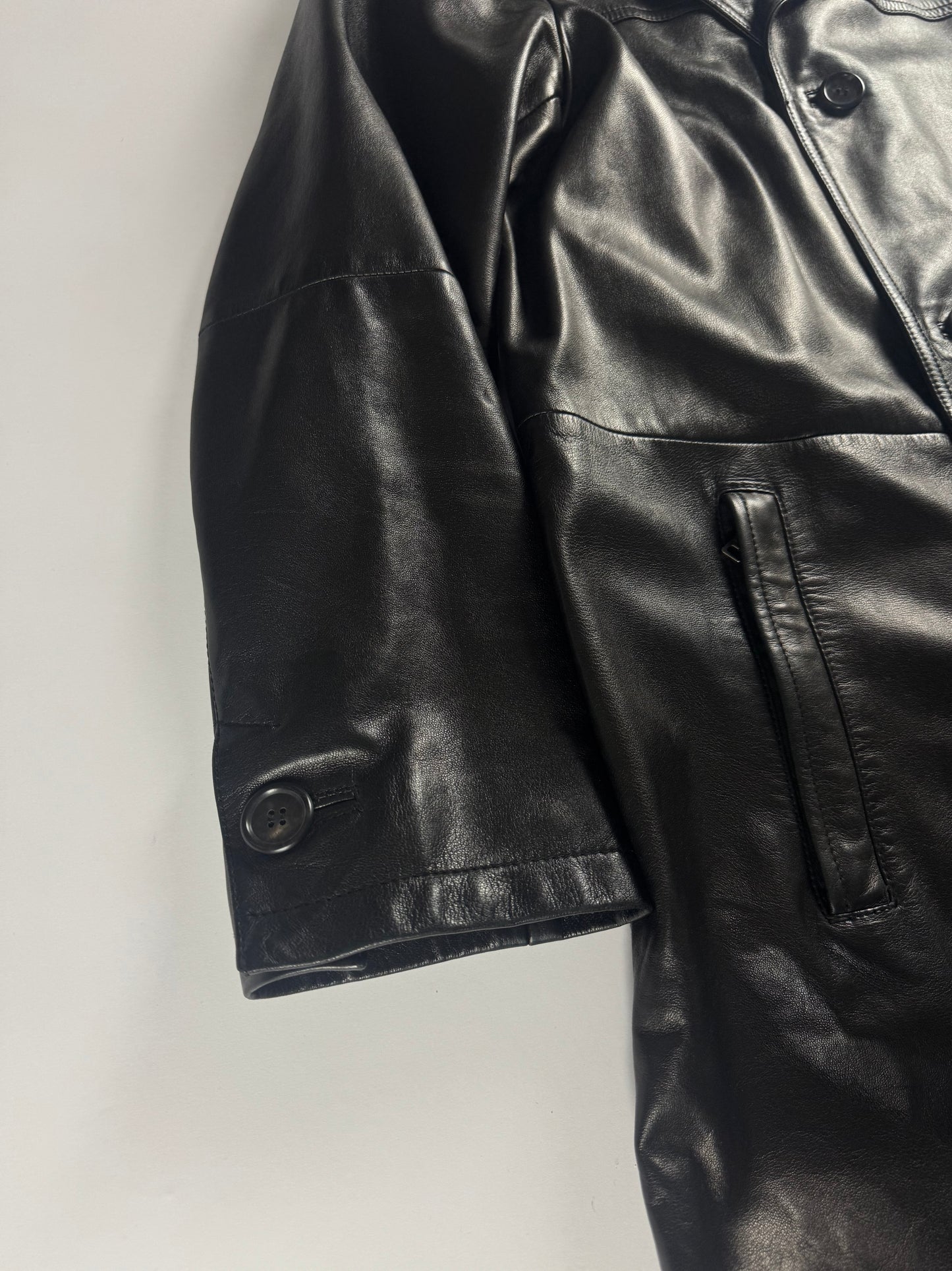 Prada Pure Black Buttoned Minimalist Leather Long Coat FW 2001 - L