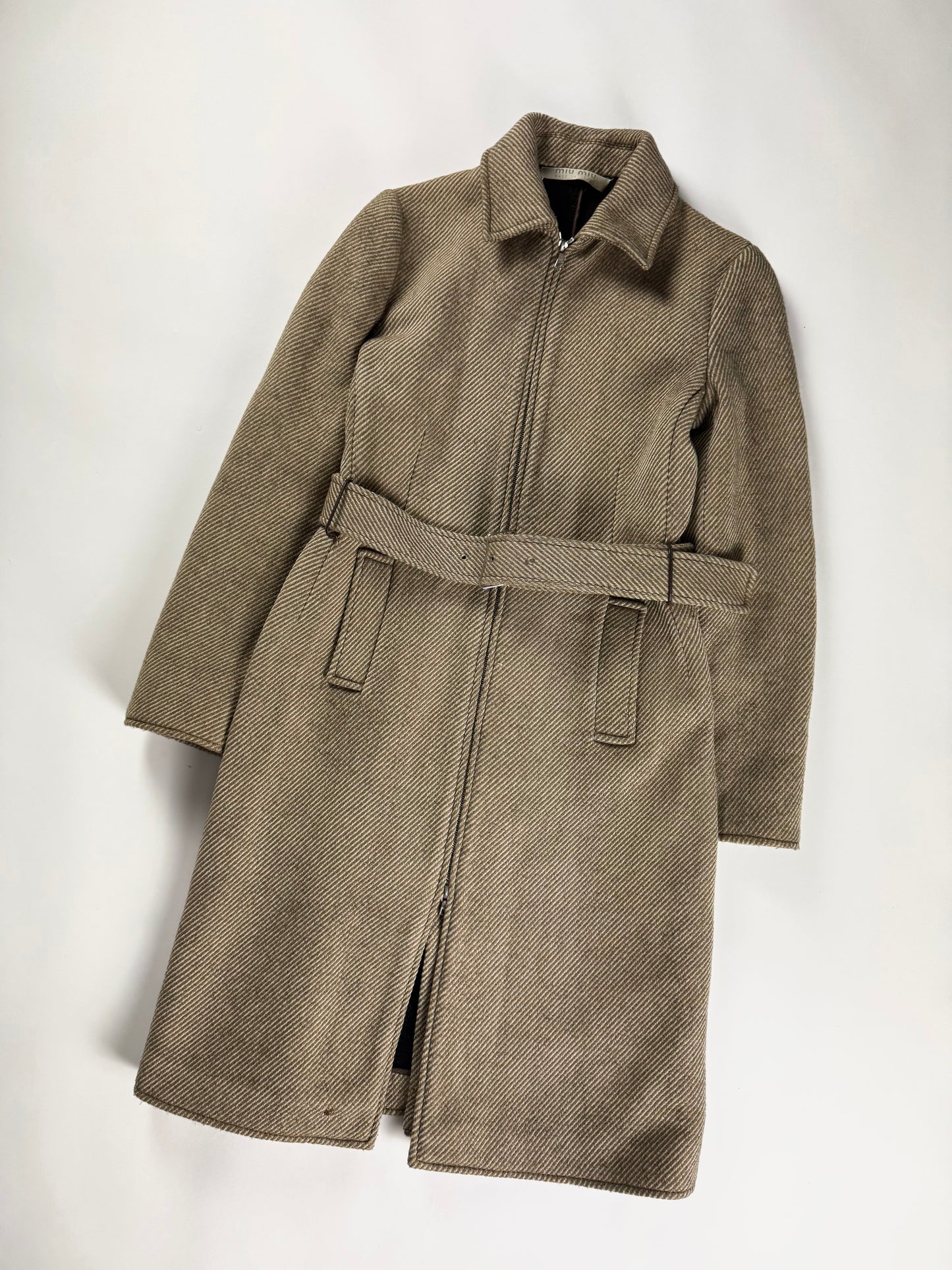 Miu Miu Prada Taupe Wool Twill Belted Long Zipped Coat FW 2000 - S