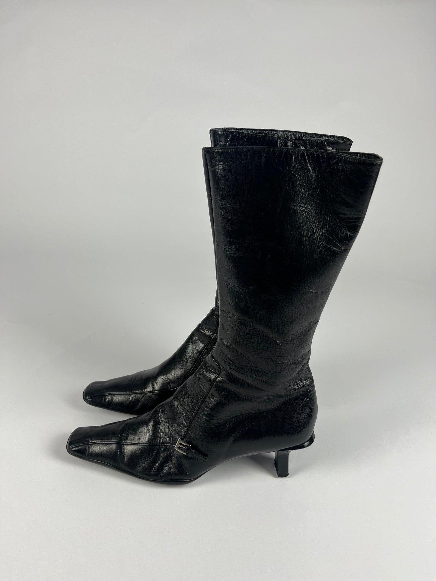 Prada Black Belted Leather Boots SS 2000 - 37,5 IT/ 38,5 EU