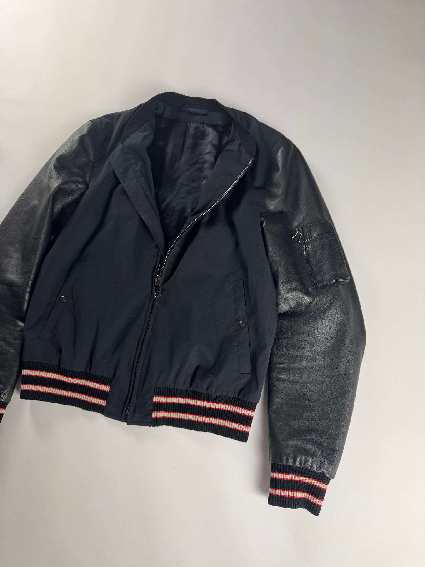 Lanvin Full Zip Leather Sleeve Bomber Jacket - M