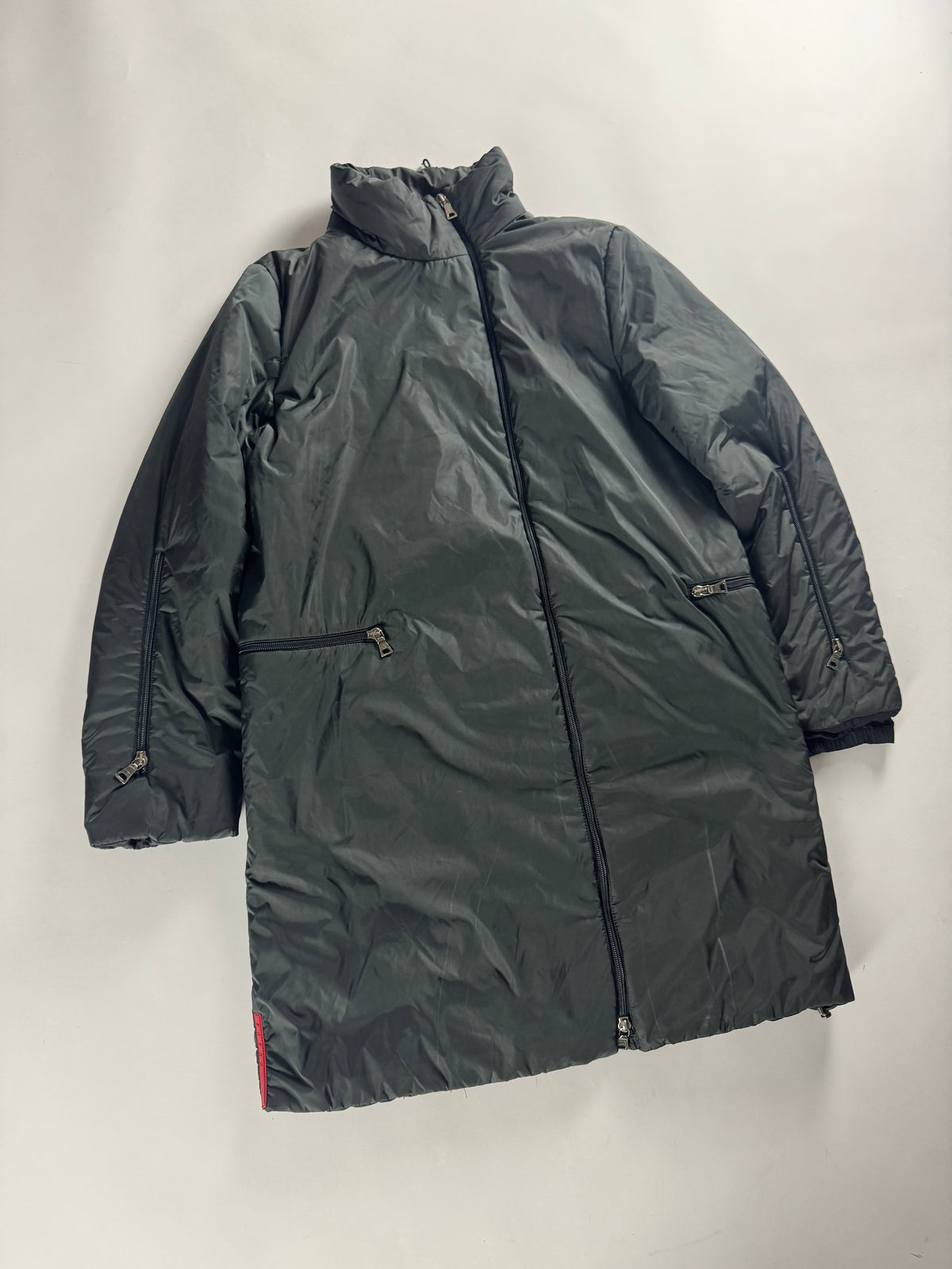 Prada Linea Rossa Long Dark Green Asymmetric Zipper Puffer Jacket FW 1999 - S