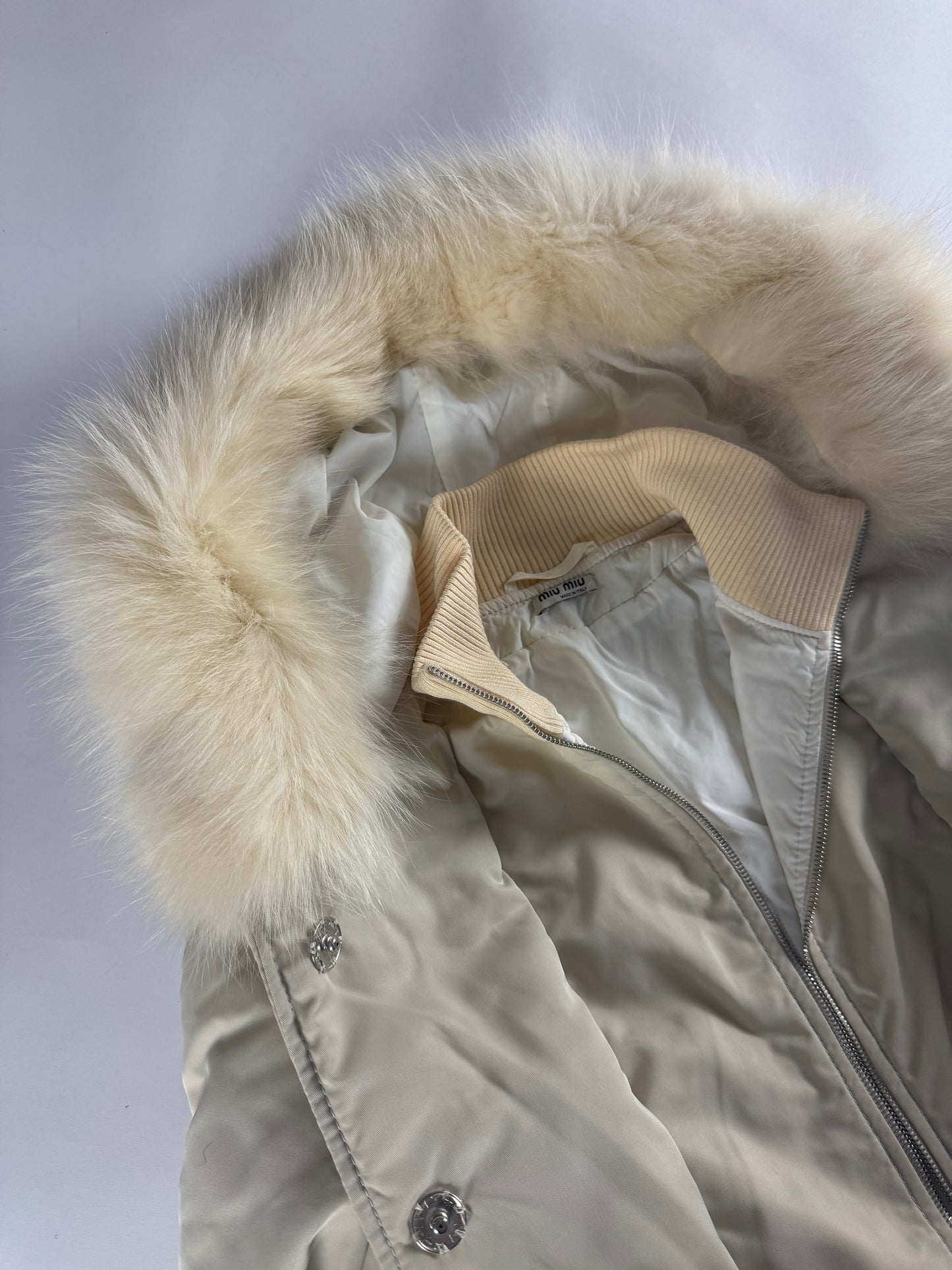 Miu Miu Cropped Cream Fur Hood Puffer Jacket 2000s - S