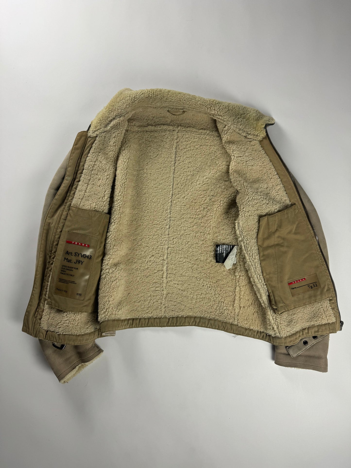 Prada Shearling Fur Lined Belted Aviator Jacket 2000s - L