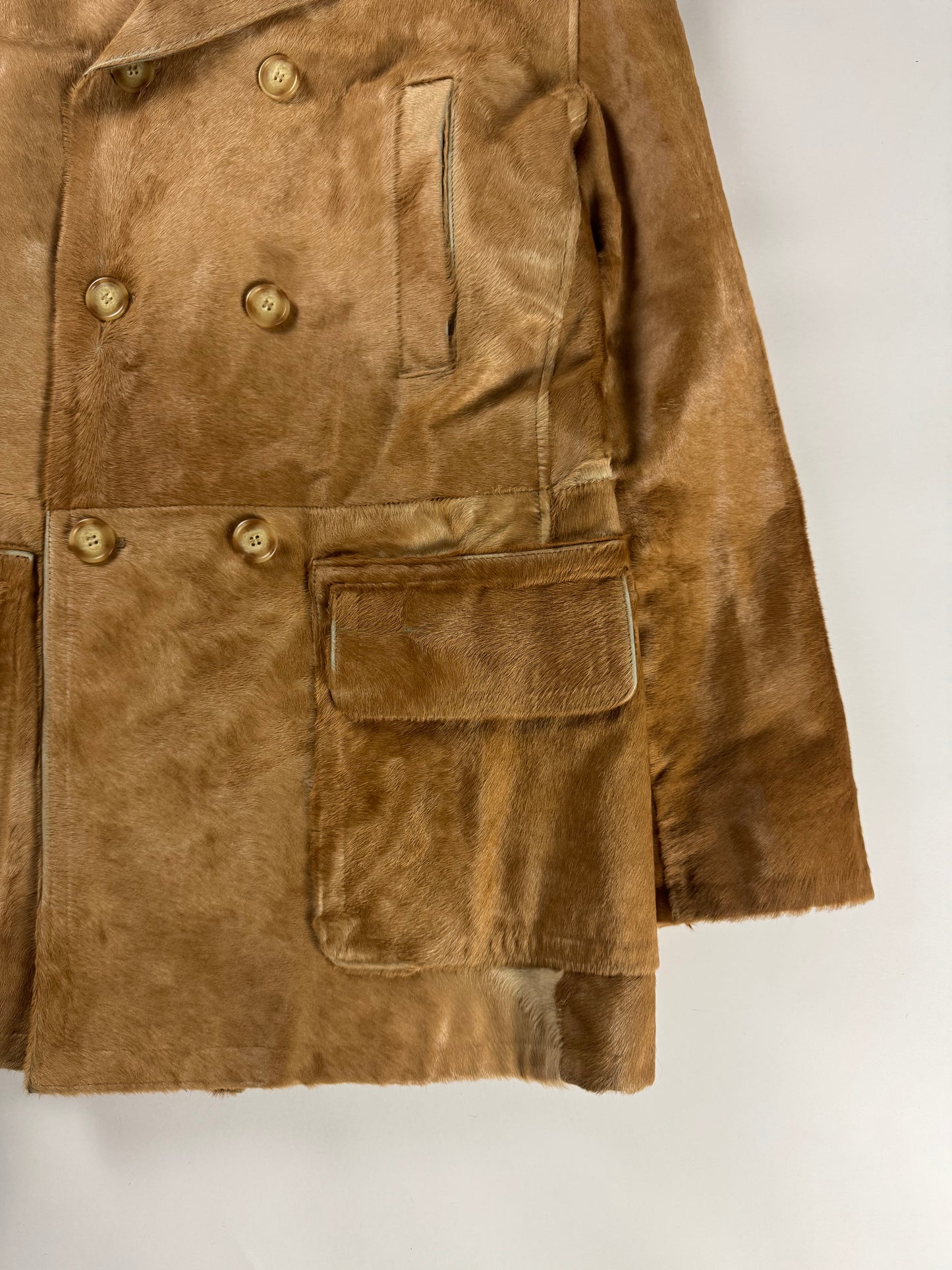 Prada Camel Tawny Double Breasted Pony Hair Leather Coat FW 1996 - M