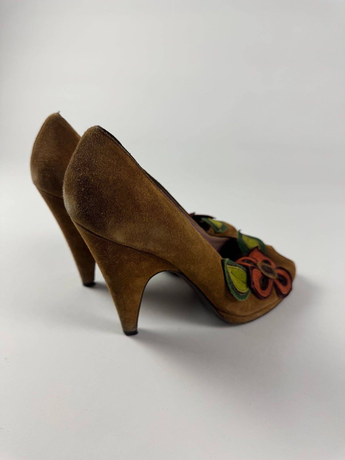 Miu Miu Floral Brown Suede Heels 1990s - 40 IT/41 EU