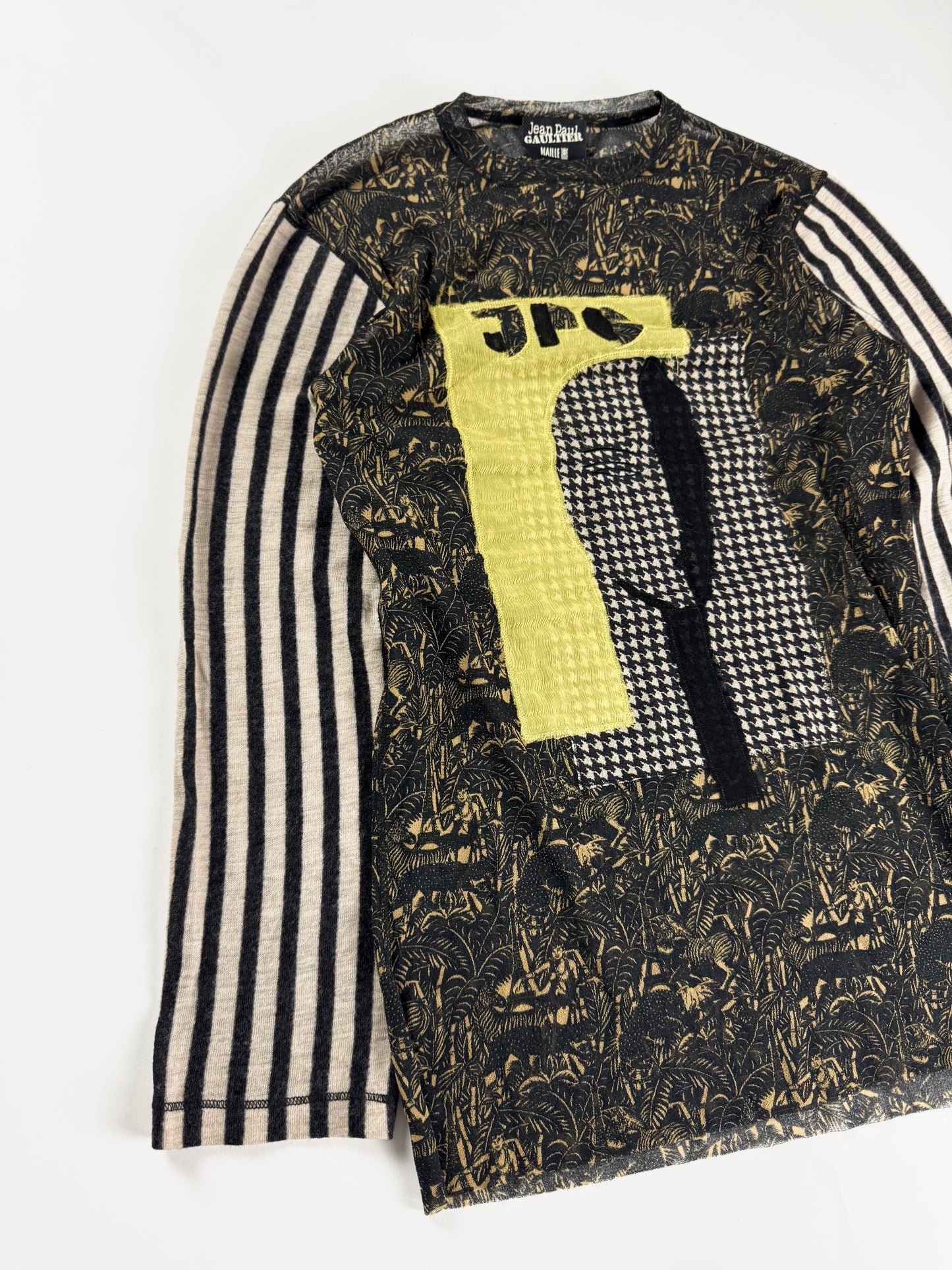Jean Paul Gaultier Face Graphic Stripe Sleeves Mesh Top SS 2001 - M