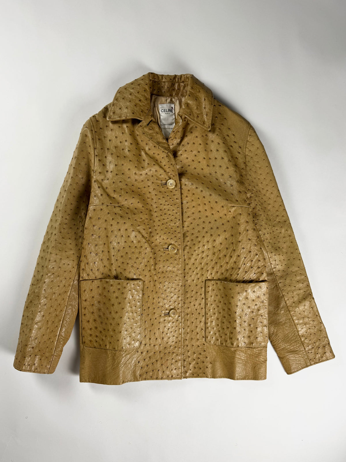 Celine Camel Tan Embossed Ostrich Skin Leather Jacket 2000s - S