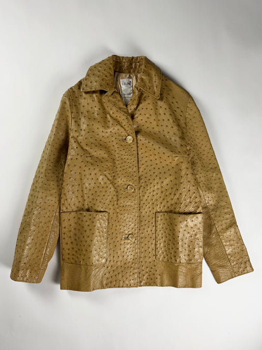 Celine Camel Tan Embossed Ostrich Skin Leather Jacket 2000s - S