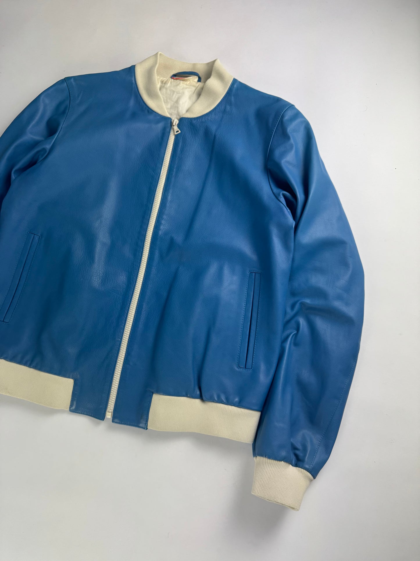 Prada Electric Blue Leather Varsity Bomber Jacket Challenge 2003 - M