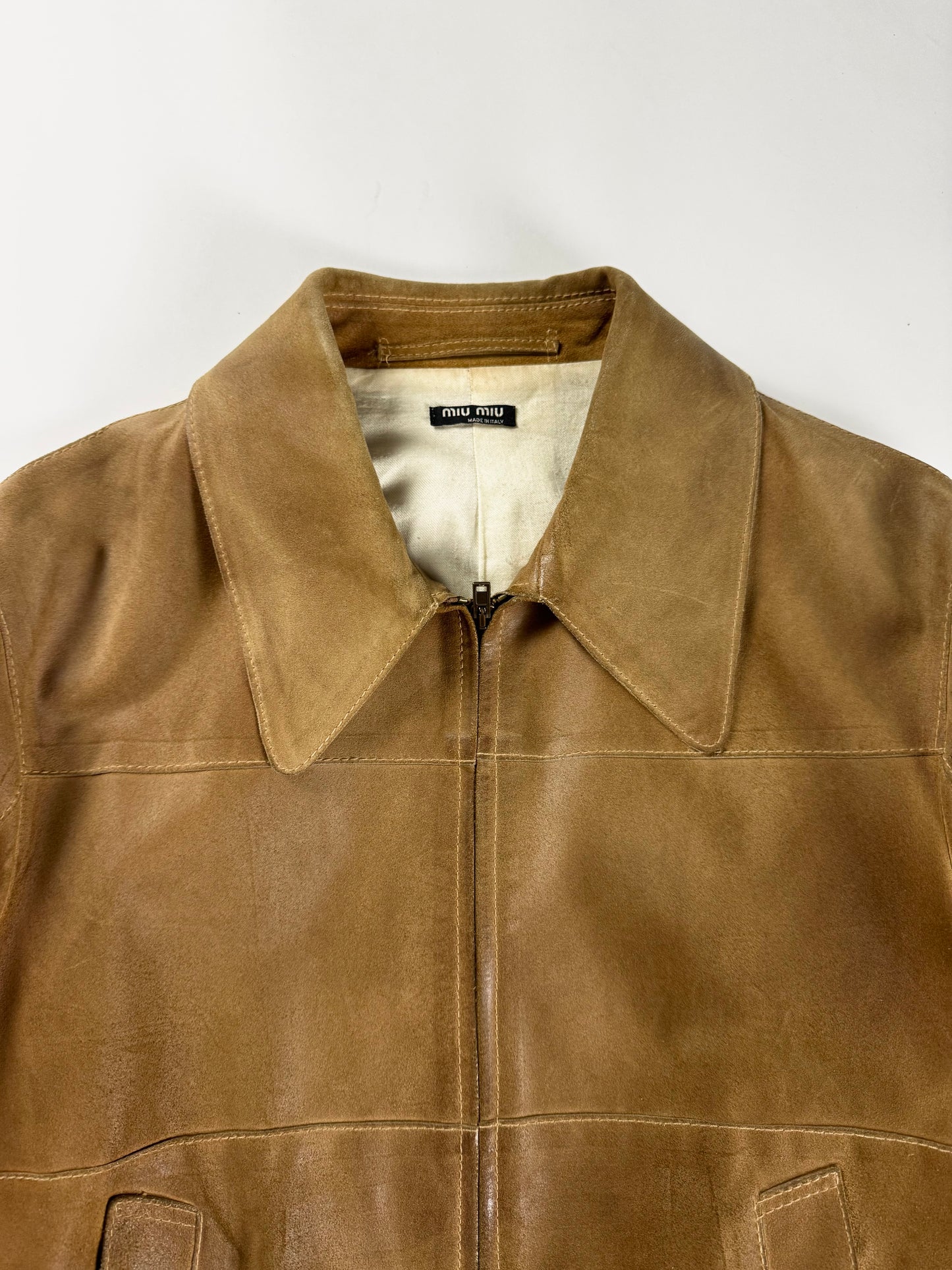 Miu Miu Camel Tan Leather Bomber Pointed Collar Jacket 2000s - M