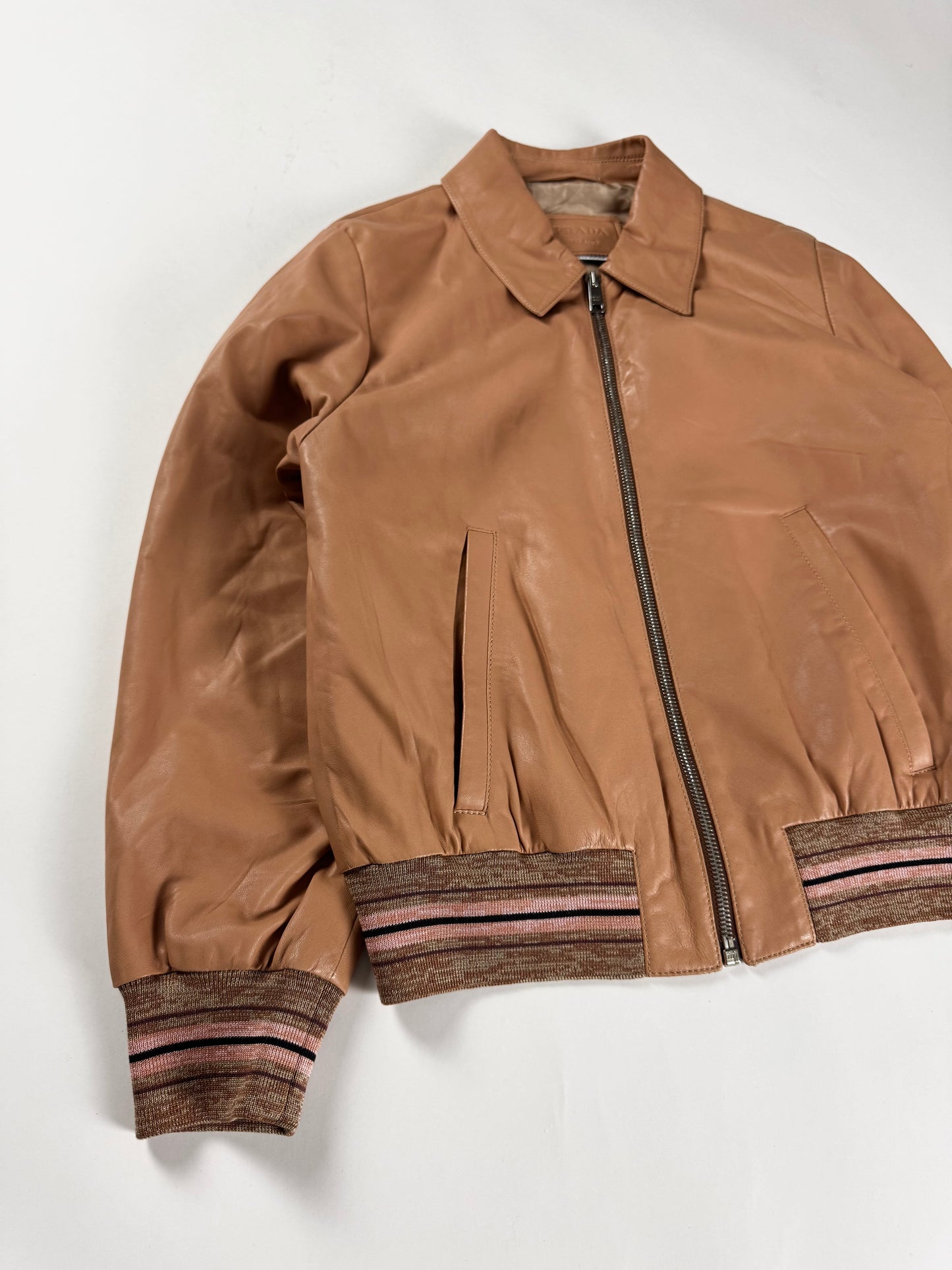 Prada Milano Soft Leather Pink Stripped Knit Rib Bomber Jacket 2010s - XS
